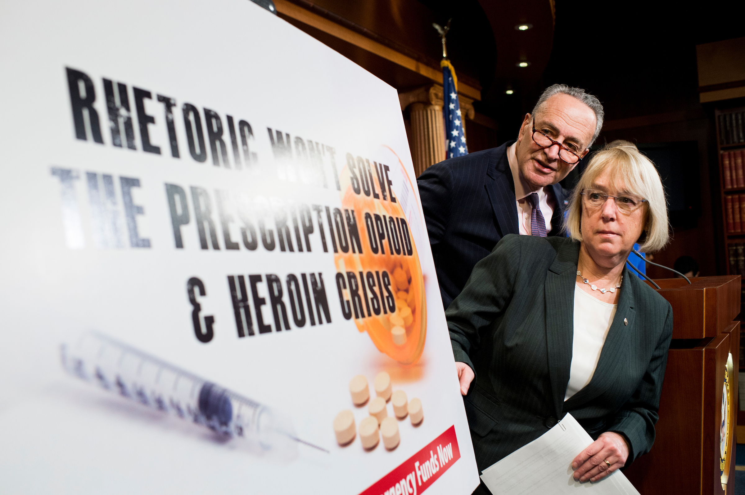 UNITED STATES - FEBRUARY 11: Sen. Patty Murray, D-Wash., and Sen. Chuck Schumer, D-N.Y., participate in the Senate Democrats' news conference to "demand emergency funding to tackle prescription opioid and heroin crisis" on Thursday, Feb. 11, 2016. (Photo By Bill Clark/CQ Roll Call)