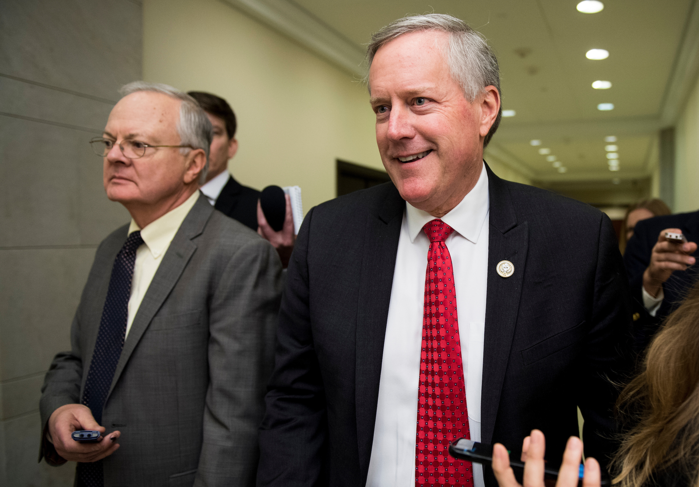 Rep. Mark Meadows, R-N.C., stops to speak with reporters about the continuing resolution on Thursday. He wants a different stopgap funding measure from GOP leadership that his group can support. (Bill Clark/CQ Roll Call)