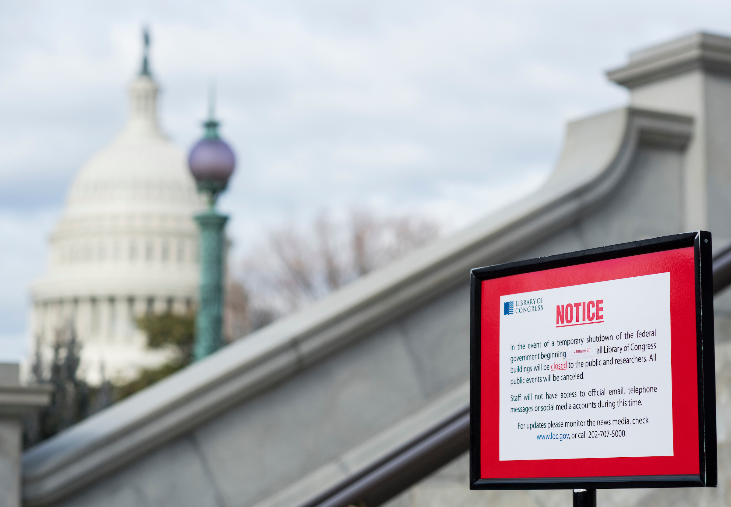 Signs outside of the Library of Congress in Washington on Jan. 21, 2018, notifying visitors that all Library of Congress buildings were to the public during the recent government shutdown. (Photo By Bill Clark/CQ Roll Call)