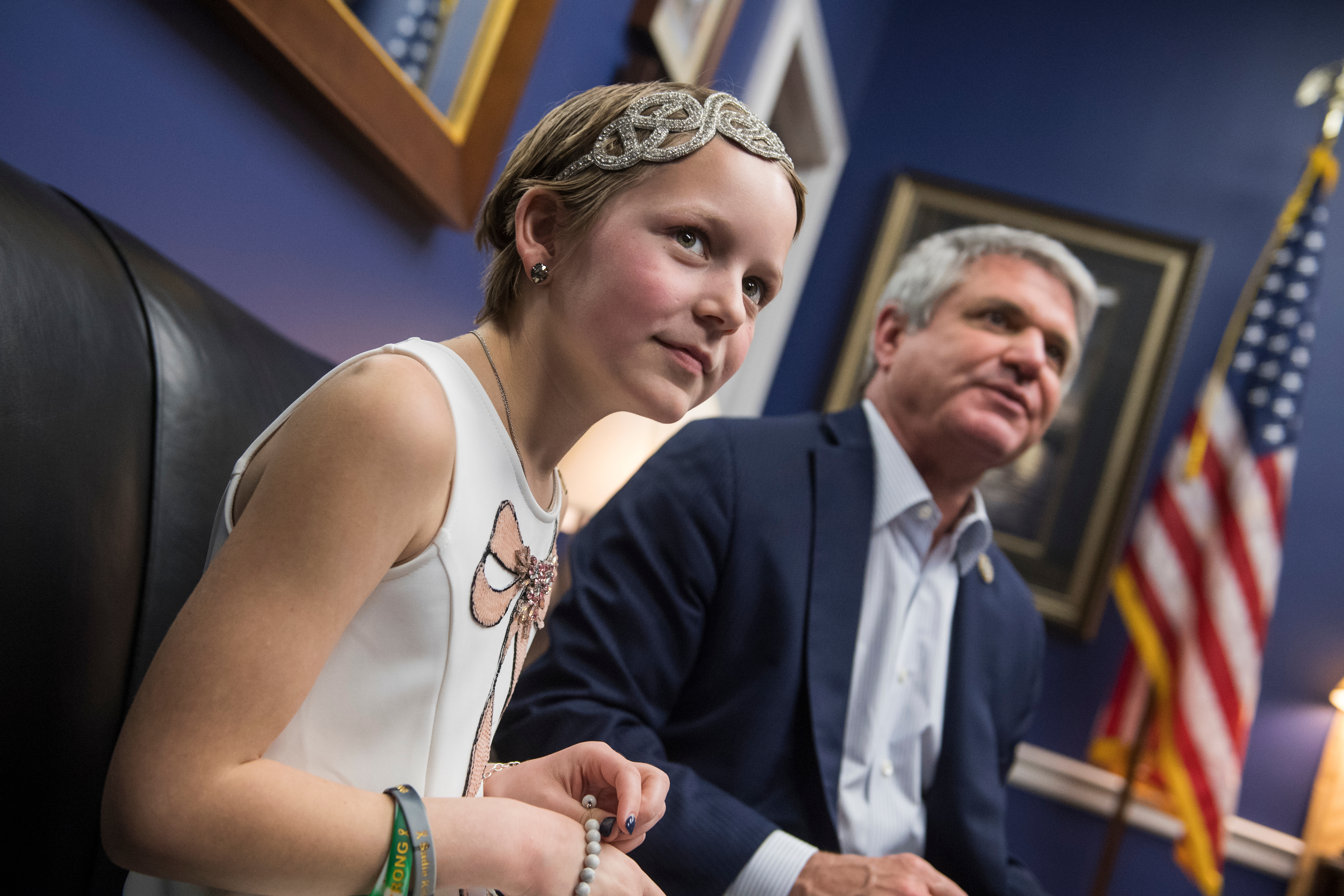 UNITED STATES - FEBRUARY 05: Sadie Keller, 10, a cancer survivor from Texas, and Rep. Michael McCaul, R-Texas, are interviewed in McCaul's Rayburn Building office on February 5, 2018. (Photo By Tom Williams/CQ Roll Call)