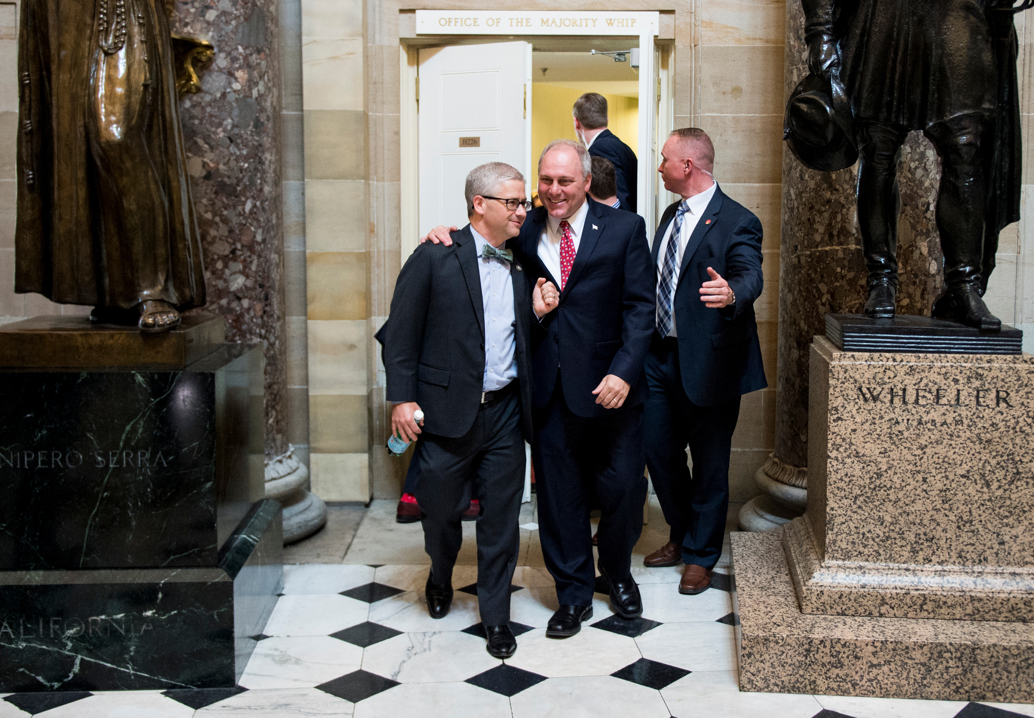 4: Rep. Patrick McHenry, R-N.C., left, and House Majority Whip Steve Scalise, R-La., lead a group of Republican members of Congress to the House floor for the votes on repeal and replace of Obamacare on Thursday, May 4, 2017. (Bill Clark/CQ Roll Call)