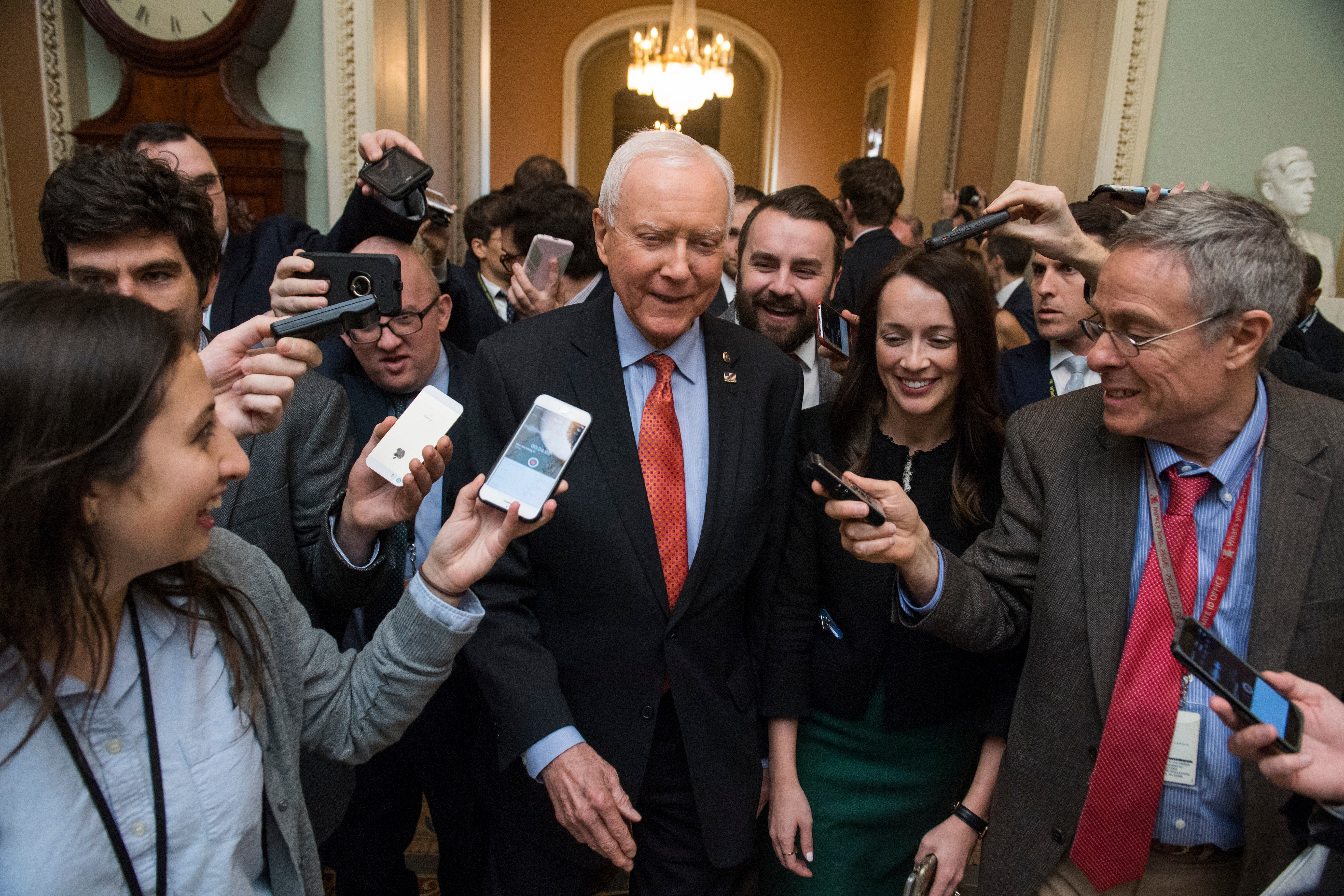 UNITED STATES - DECEMBER 01: Sen. Orrin Hatch, R-Utah, talks with reporters before Senate Majority Leader Mitch McConnell, R-Ky., announced that Republicans have enough votes to pass the tax reform bill on December 1, 2017. (Photo By Tom Williams/CQ Roll Call)