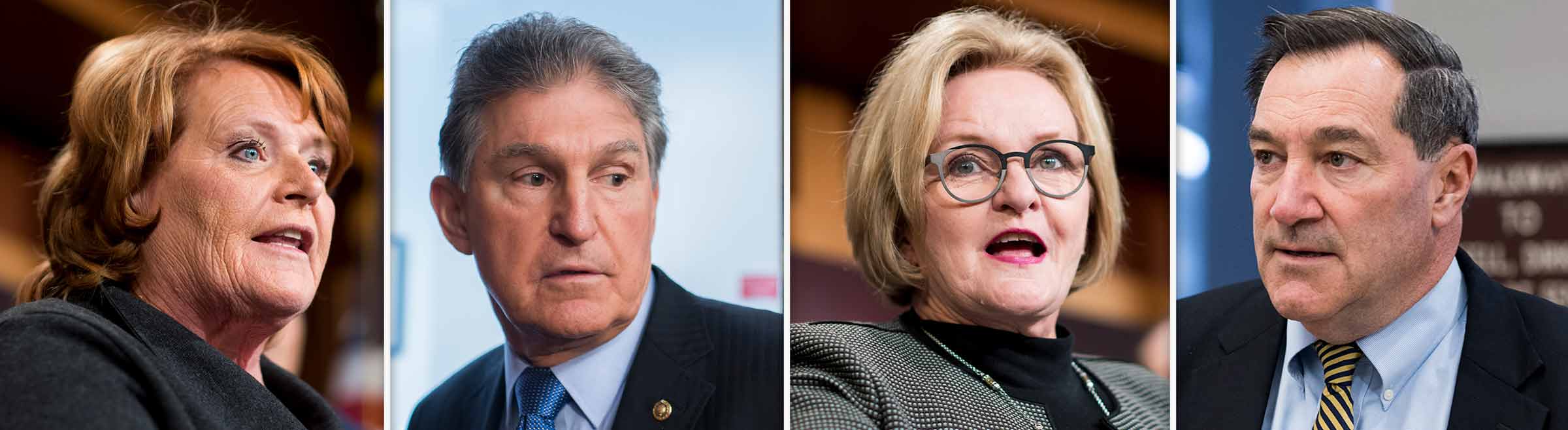 The four Senate Democrats in the toughest races at the moment — from left, Heidi Heitkamp, Claire McCaskill, Joe Manchin III and Joe Donnelly — are also the four who backed Trump most often during the first year of his presidency. (Bill Clark and Tom Williams/CQ Roll Call file photos)