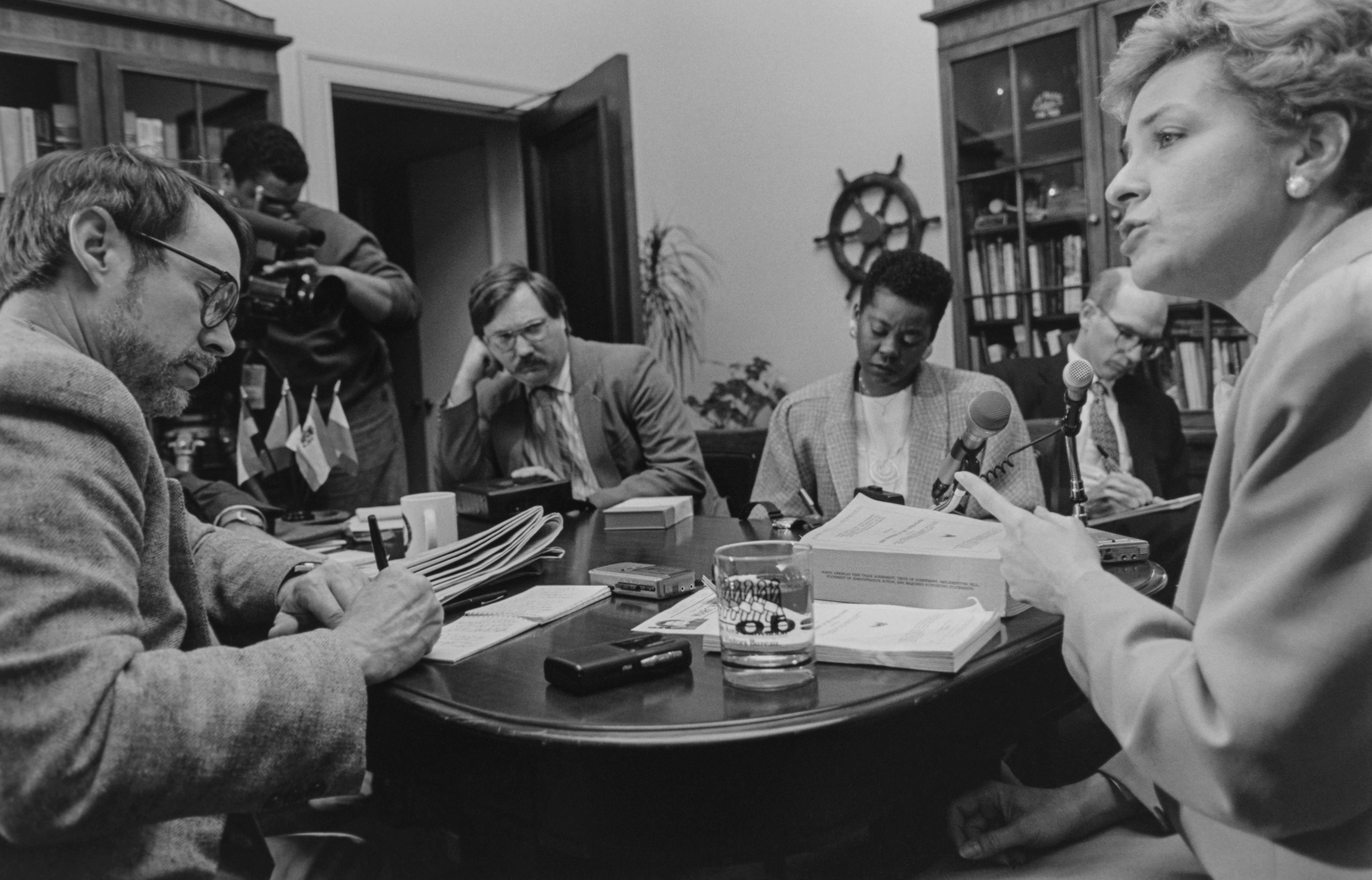 Rep. Marcy Kaptur, D-Ohio, discusses the controversial North American Free Trade Agreement (NAFTA) terms on Nov. 18, 1993. (Photo by Maureen Keating/CQ Roll Call via Getty Images)