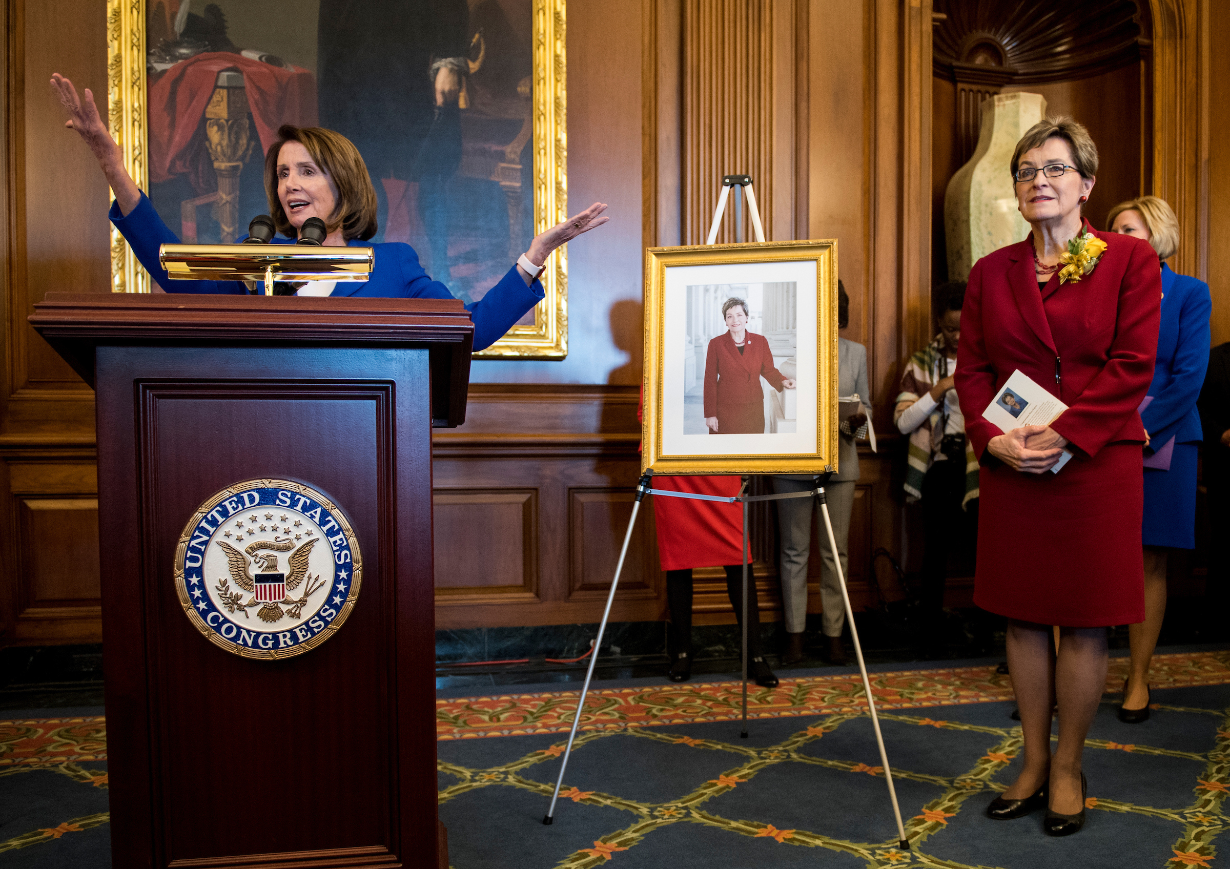 House Minority Leader Nancy Pelosi, D-Calif., left, hosts a reception in honor of Rep. Marcy Kaptur, D-Ohio, in the Capitol on Wednesday. The Democrats’ most likely new member ran amid promises to not support her as caucus leader. (Bill Clark/CQ Roll Call)