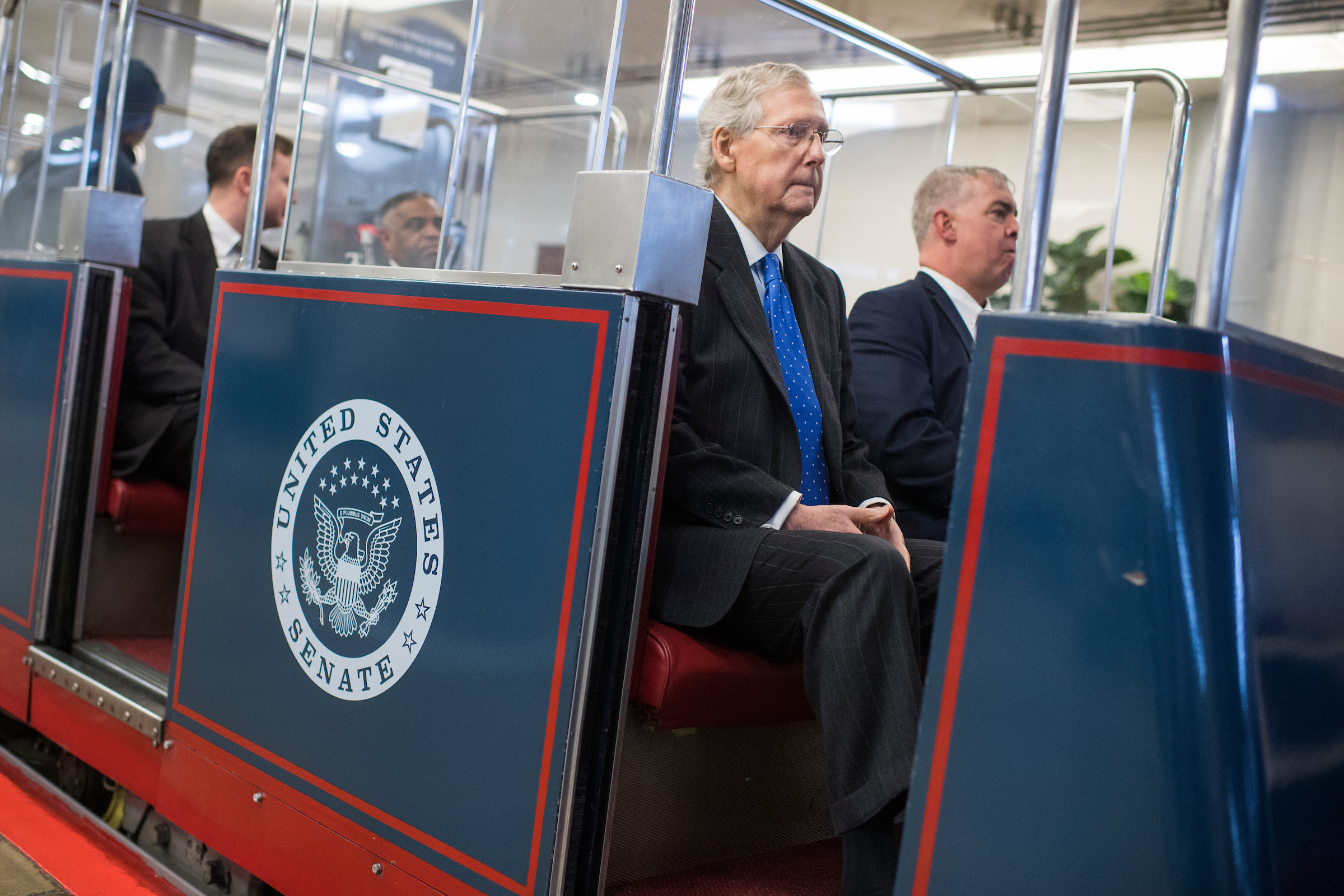 Senate Majority Leader Mitch McConnell, R-Ky., boards the Senate subway to Russell Building in the basement of the Capitol on February 27, 2018. (Photo By Tom Williams/CQ Roll Call)