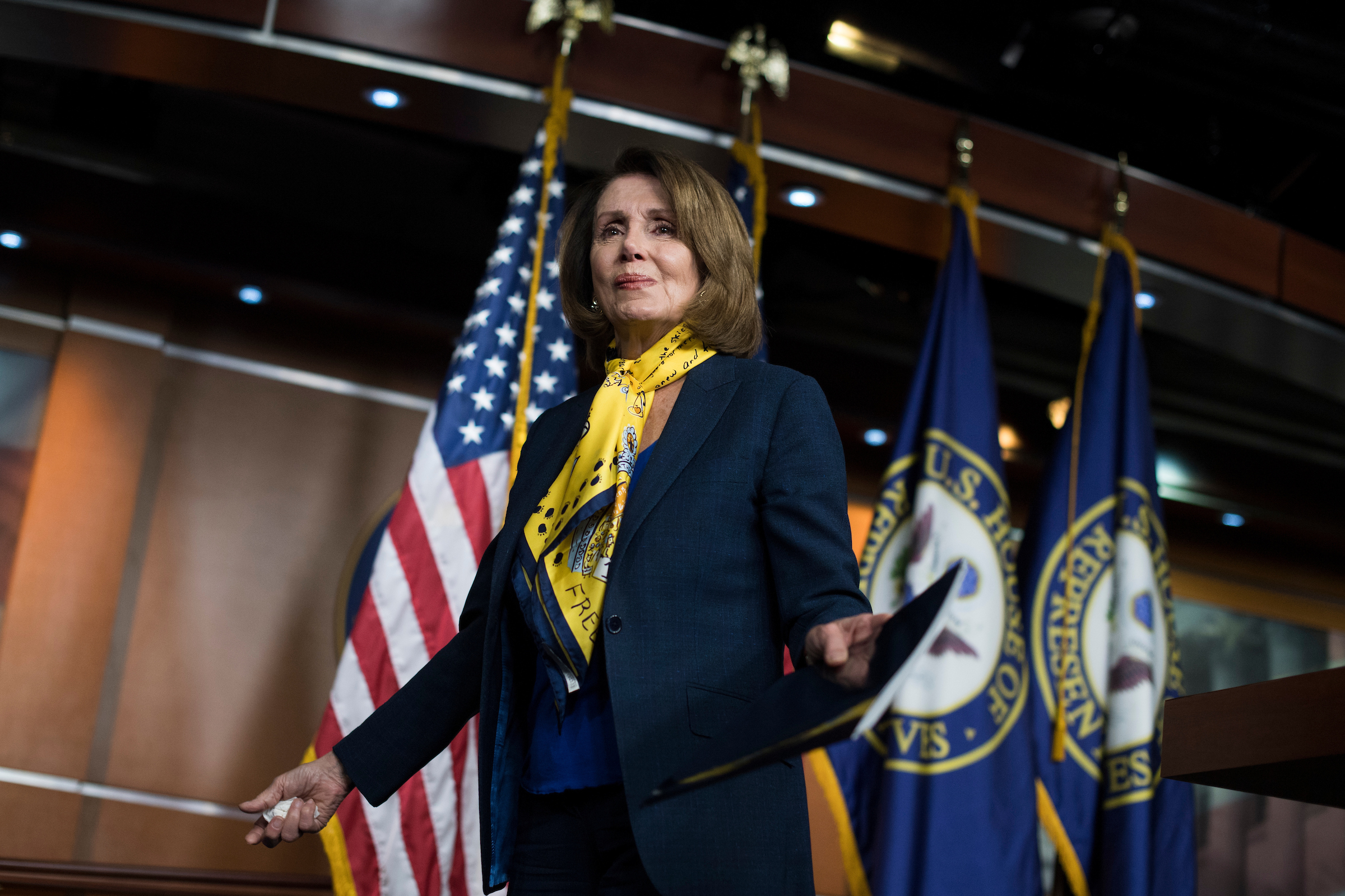 House Minority Leader Nancy Pelosi, D-Calif., concludes her weekly news conference in the Capitol Visitor Center on March 01, 2018. (Tom Williams/CQ Roll Call)