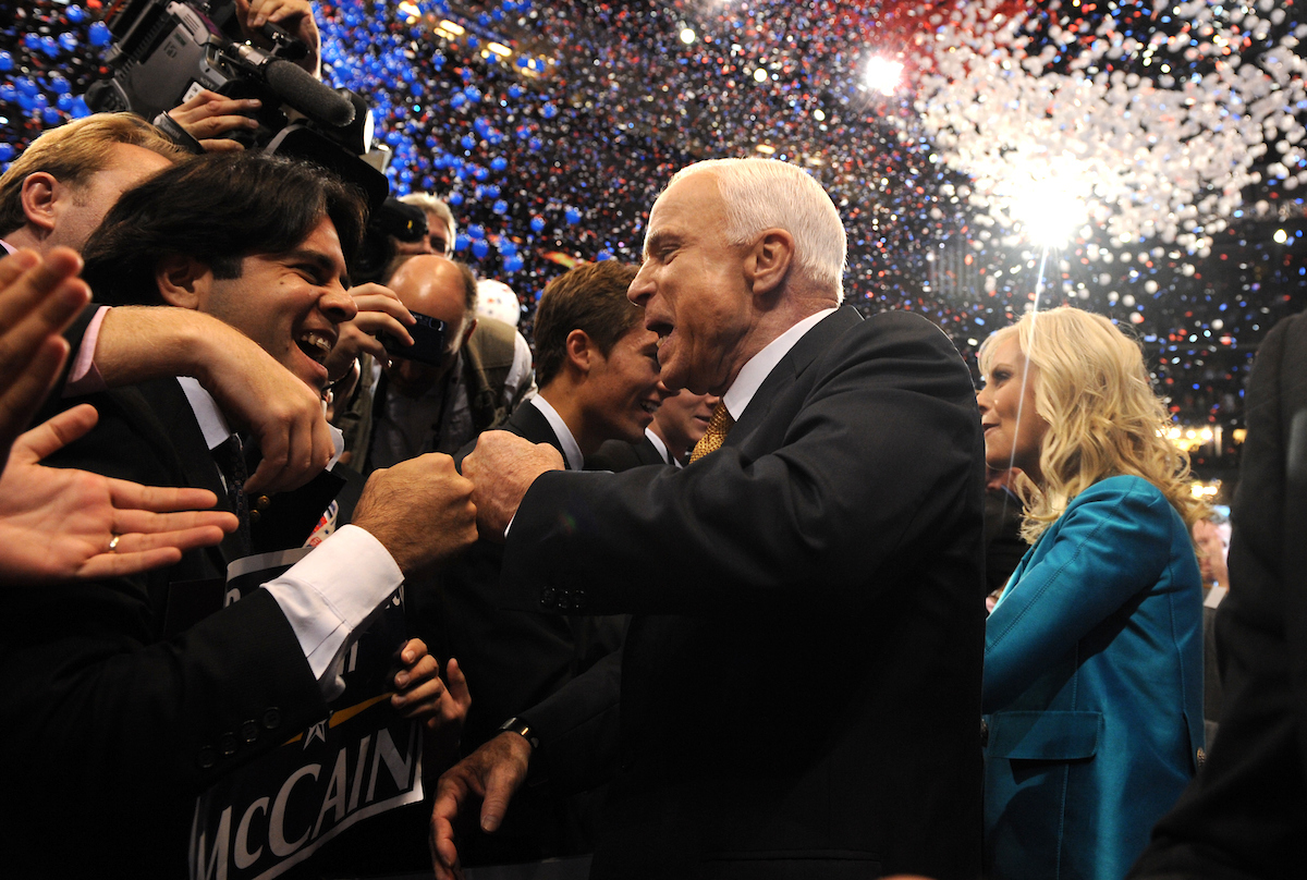 McCain and his wife, Cindy, greet supporters after he accepted his party’s presidential nomination in 2008.