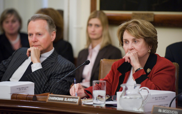 Slaughter, chairwoman of the Rules Committee, and ranking member David Dreier, R-Calif., conduct a meeting to consider a technical fix to the health care reconciliation bill in March 25, 2010. (CQ Roll Call file photo)