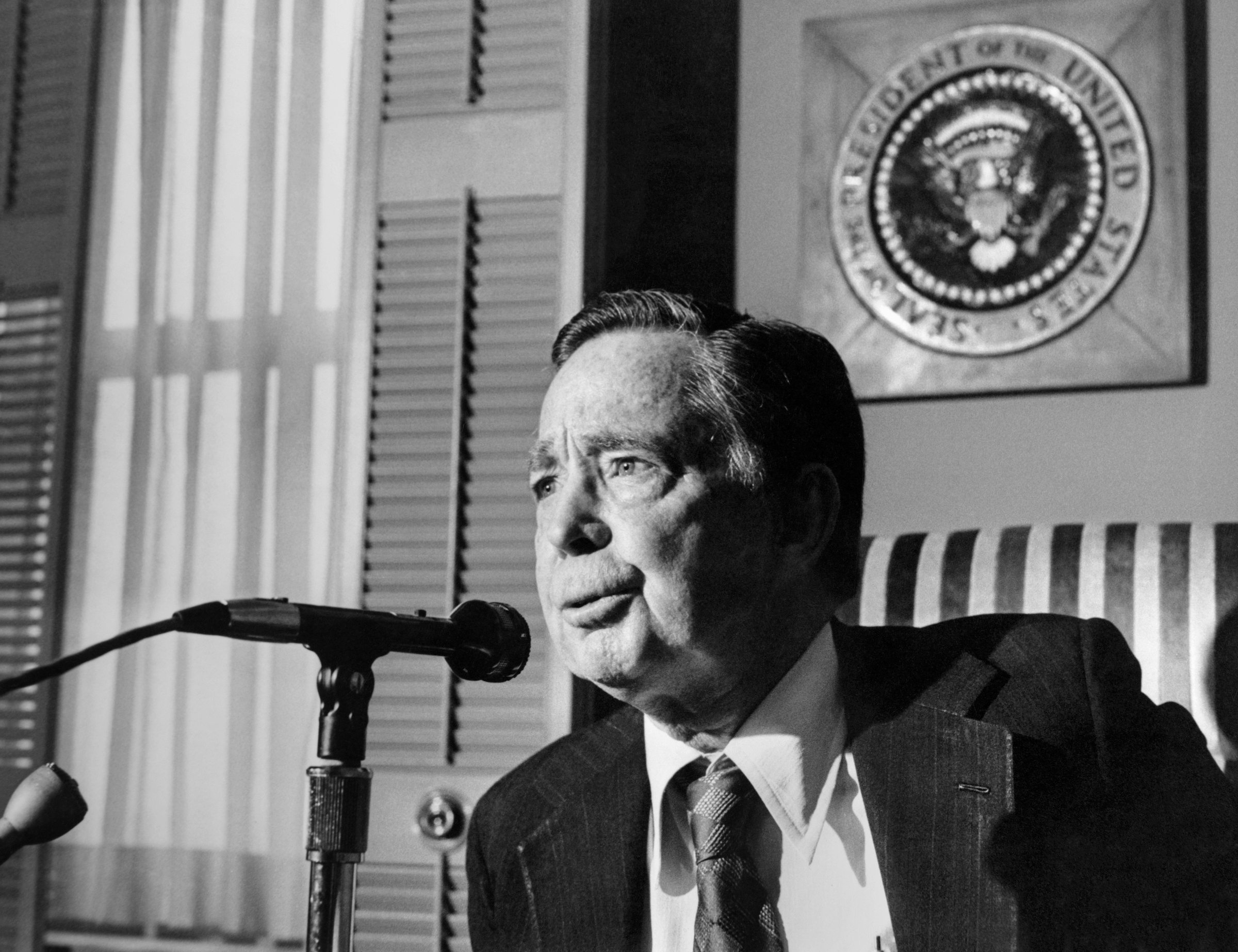 Speaker of the House, Rep. Carl Bert Albert, D-Okla., giving speech over microphone. (Dev O'Neill/CQ Roll Call File Photo)