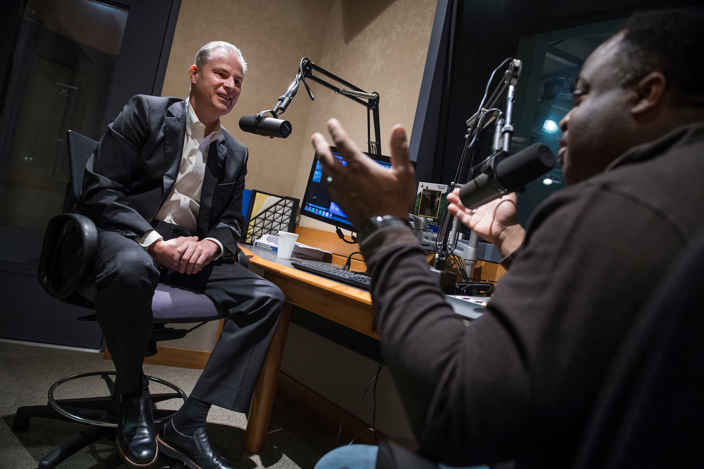 UNITED STATES - APRIL 3: Steve Braun, left, who is running for the Republican nomination for Indiana's 4th Congressional District, is interviewed by Abdul Hakim-Shabazz at WIBC studios in Indianapolis, Ind., on April 3, 2018. (Photo By Tom Williams/CQ Roll Call)