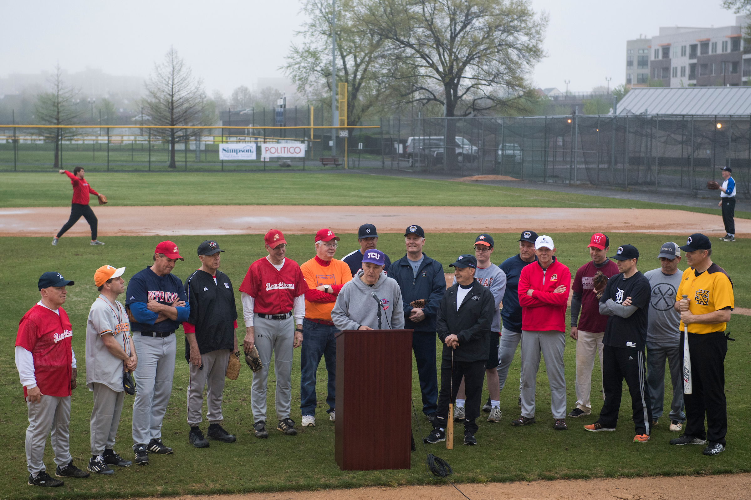 UNITED STATES - APRIL 25: Rep. Roger Williams, R-Texas, speaks during news conference with members of the Republican baseball team after the first practice of the year at Eugene Simpson Stadium Park in Alexandria, Va., on April 25, 2018. Williams' aide Zack Barth was one of injured in last year's shooting at a team practice. (Photo By Tom Williams/CQ Roll Call)