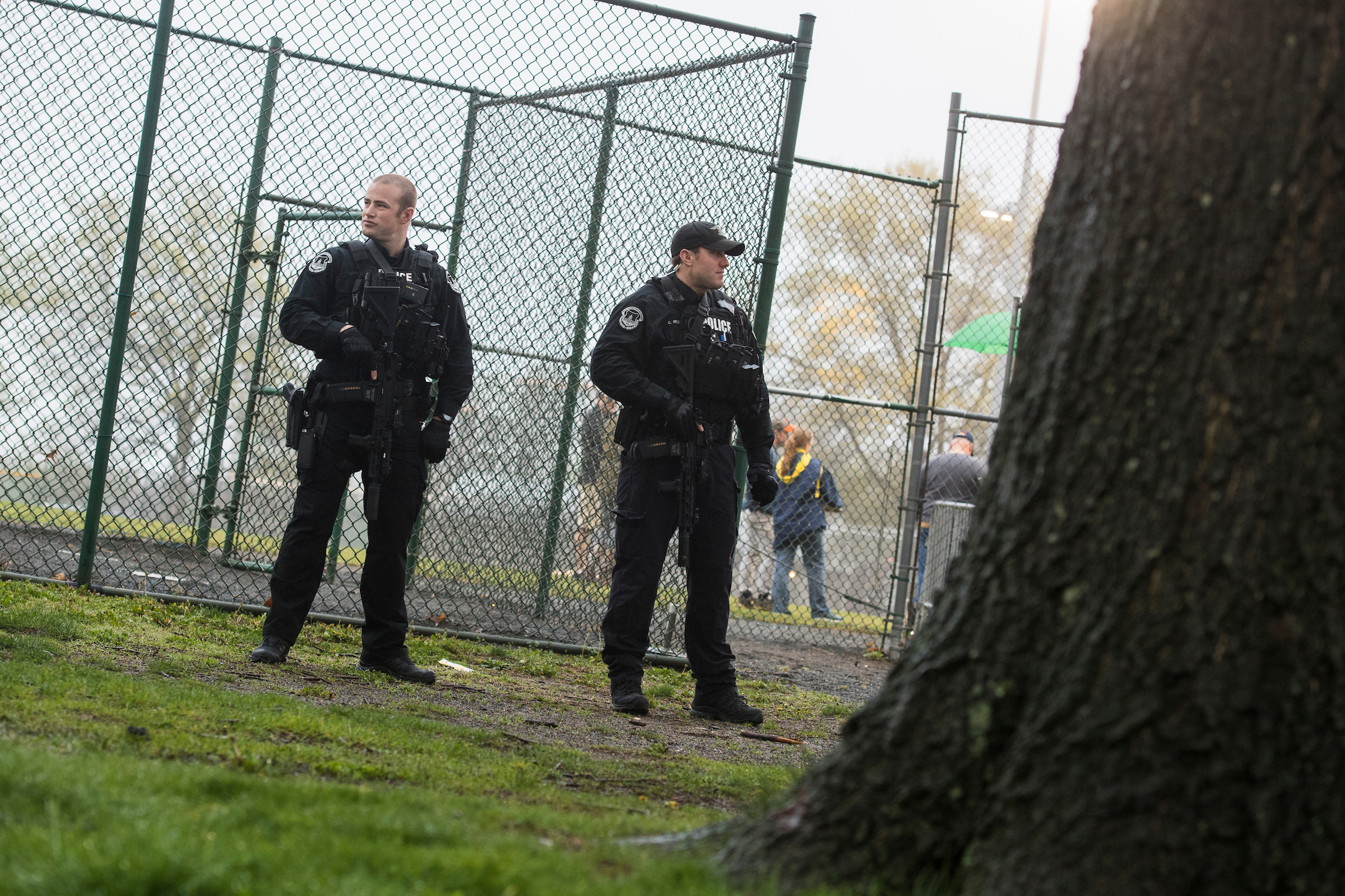 UNITED STATES - APRIL 25: U.S. Capitol Police stand guard at the Republican baseball team's first practice of the year at Eugene Simpson Stadium Park in Alexandria, Va., on April 25, 2018. (Photo By Tom Williams/CQ Roll Call)