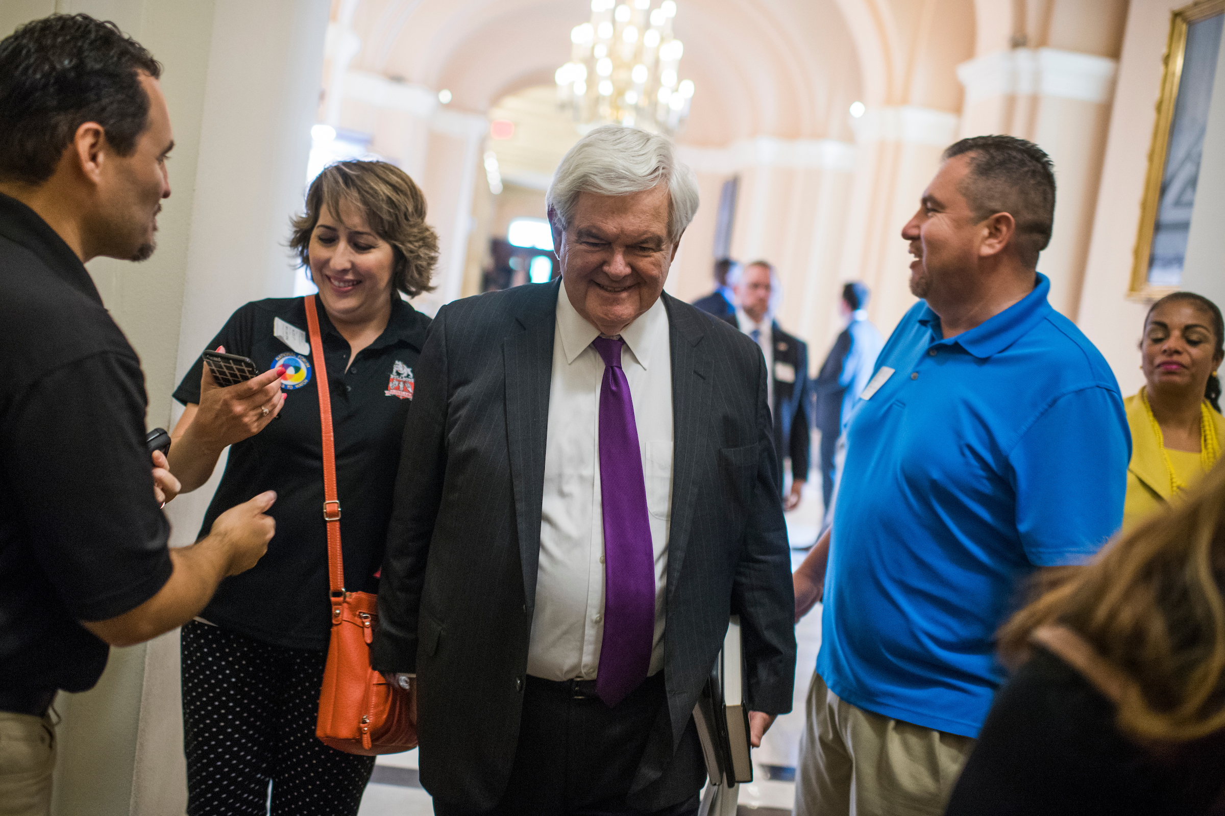 Former Speaker Newt Gingrich, R-Ga., makes his way to the Capitol office of House Majority Leader Kevin McCarthy, R-Calif. (Tom Williams/CQ Roll Call File Photo)
