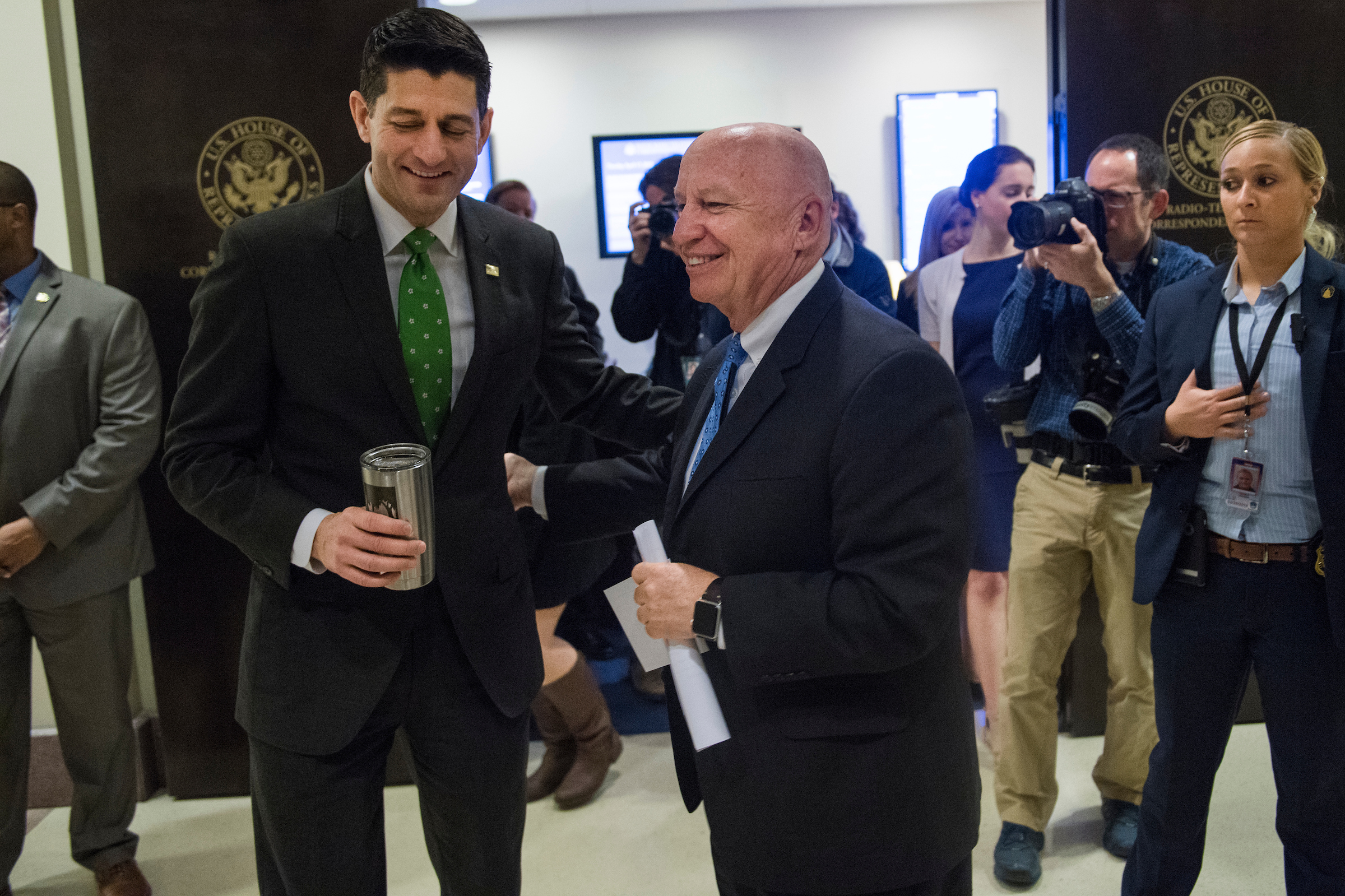 Ways and Means Chairman Kevin Brady, R-Texas, right, and Speaker Paul D. Ryan, R-Wis., leave a news conference in the House studio where they discussed the GOP’s tax law. (Tom Williams/CQ Roll Call file photo)