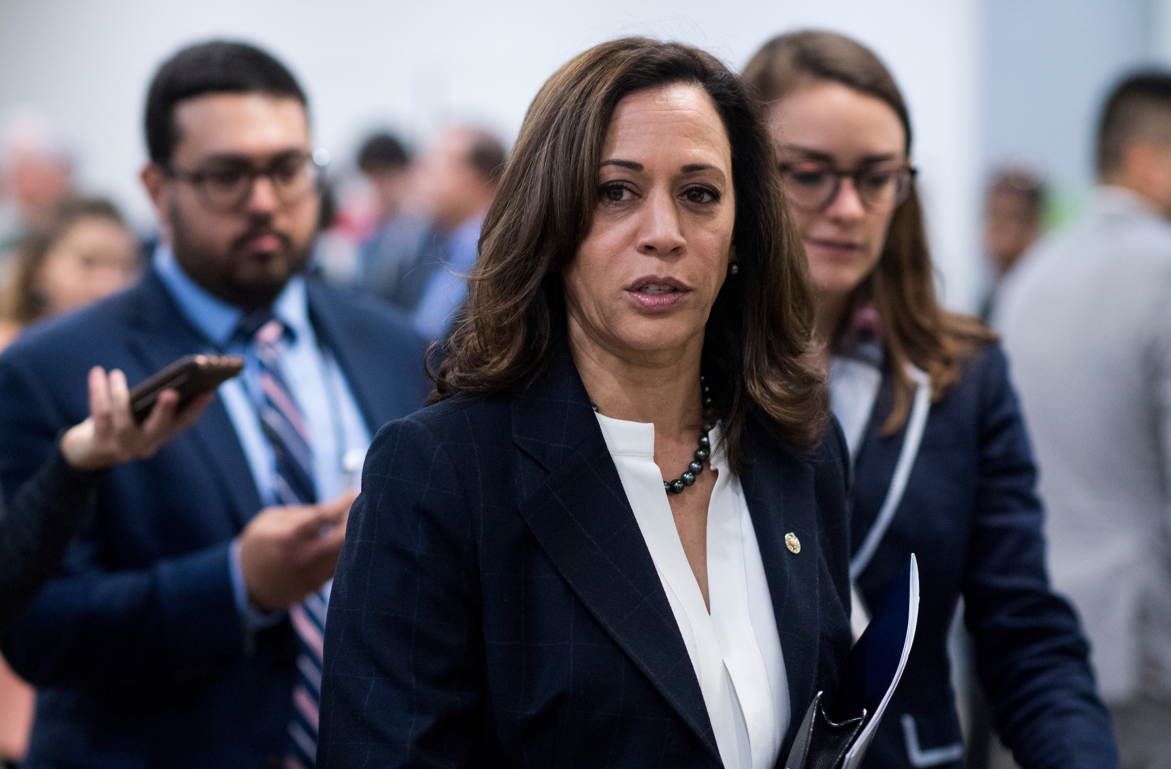 UNITED STATES - JANUARY 23: Sen. Kamala Harris, D-Calif., arrives in the Capitol for the Senate Democrats' policy lunch on Tuesday, Jan. 23, 2018. (Photo By Bill Clark/CQ Roll Call)