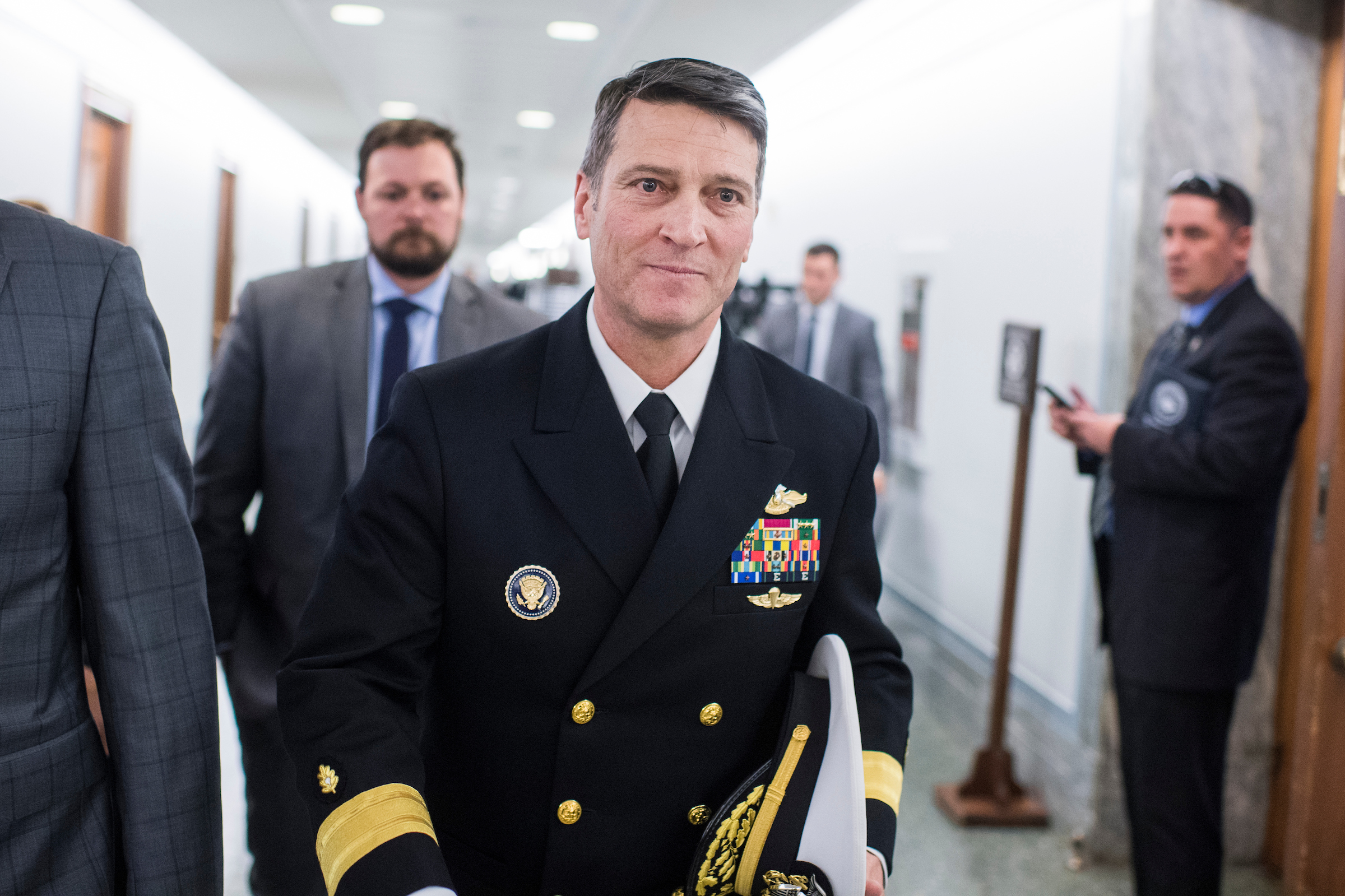 Rear Adm. Ronny Jackson, nominee for Veterans Affairs secretary, leaves Dirksen Building after a meeting on Capitol Hill with Sen. Jerry Moran, R-Kan., on April 24, 2018. (Tom Williams/CQ Roll Call)