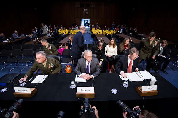 UNITED STATES - APRIL 26: From left, General Joseph Dunford, Jr., USMC Chairman of The Joint Chiefs Of Staff, Secretary of Defense James Mattis, and Under Secretary of Defense David Norquist takes their seats for the Senate Armed Services Committee hearing on the Defense Authorization Request for Fiscal Year 2019 on Thursday, April 26, 2018. (Photo By Bill Clark/CQ Roll Call)