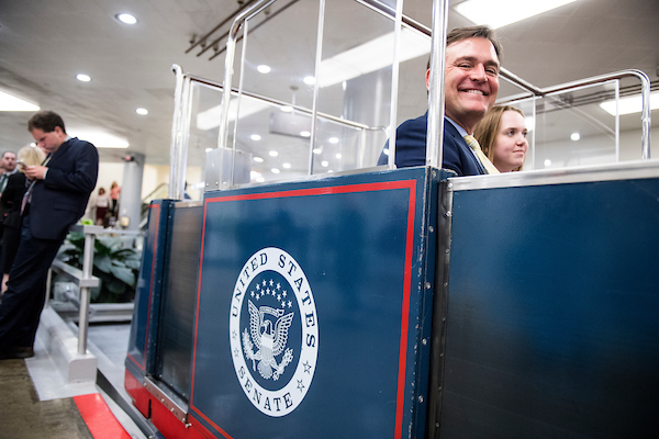 UNITED STATES - APRIL 24: Rep. Luke Messer, R-Ind., rides the Senate subway to the Russell Senate Office building on Tuesday, April 24, 2018. (Photo By Bill Clark/CQ Roll Call)