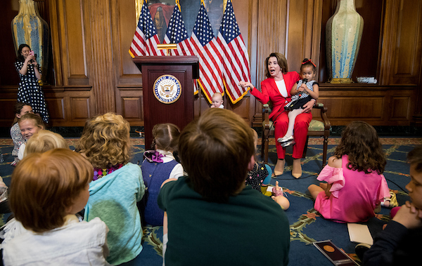 House Minority Leader Nancy Pelosi, D-Calif., holds her weekly news conference with children of congressional staff and reporters in celebration of Take Our Daughters and Sons to Work Day on Thursday, April 26, 2018. (Photo By Bill Clark/CQ Roll Call)