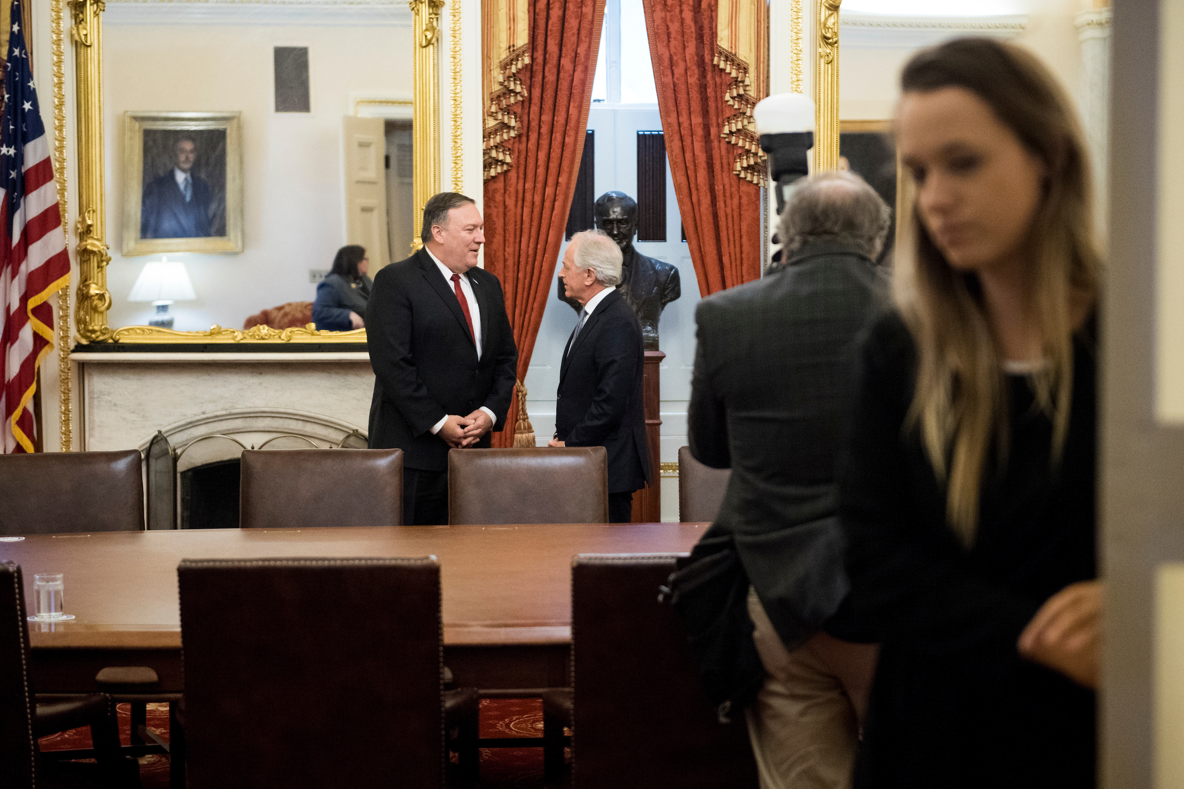 Senate Foreign Relations Chairman Bob Corker, R-Tenn., right, meets with CIA Director Mike Pompeo, President Donald Trump’s nominee for secretary of State, in the Capitol on March 19. (Bill Clark/CQ Roll Call file photo)