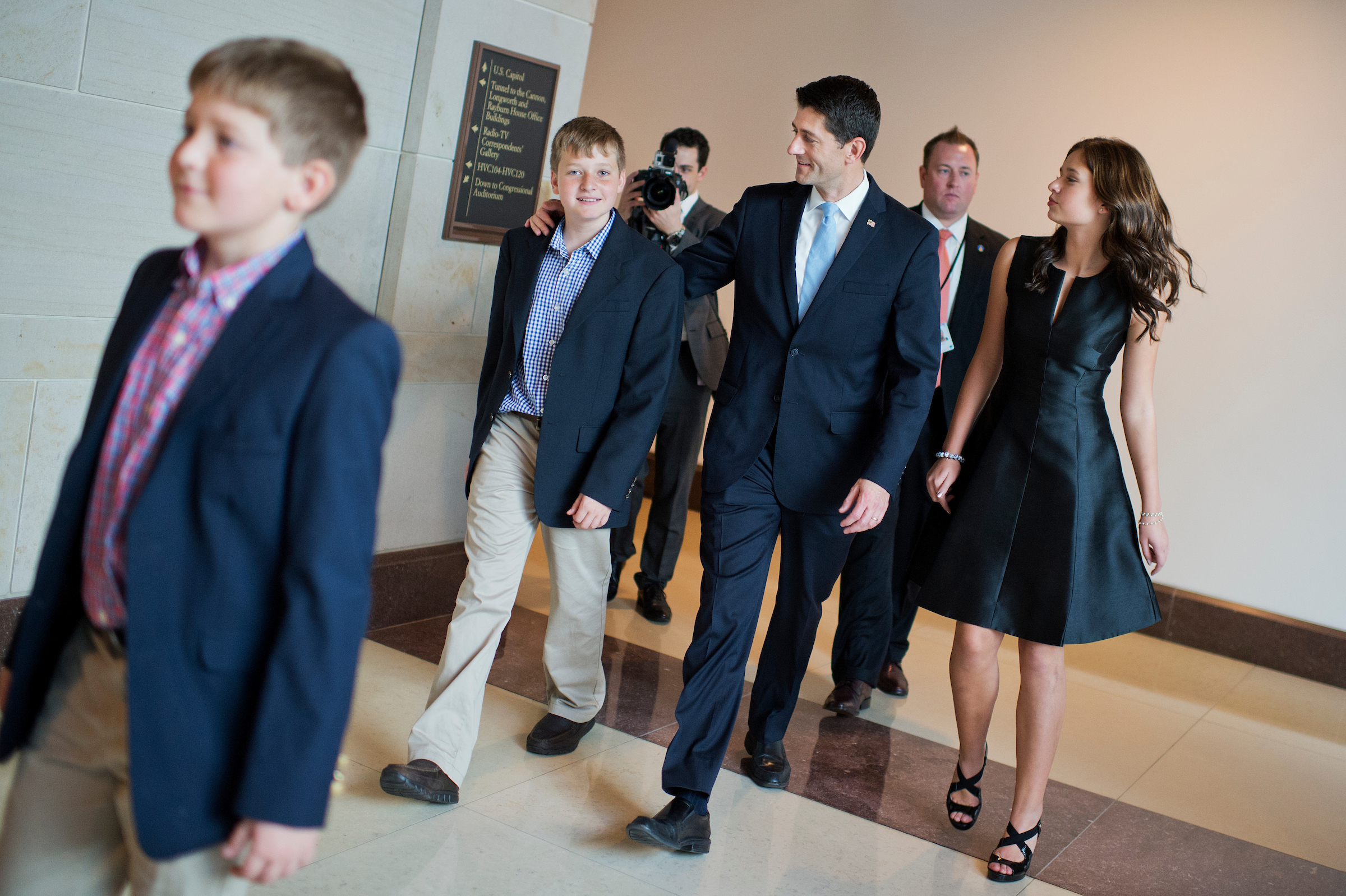 UNITED STATES - OCTOBER 29: Rep. Paul Ryan, R-Wisc., walks with his children, from left, Sam, Charlie, and Liza, after being sworn in on the House floor as the 54th Speaker of the House, October 29, 2015. (Photo By Tom Williams/CQ Roll Call)