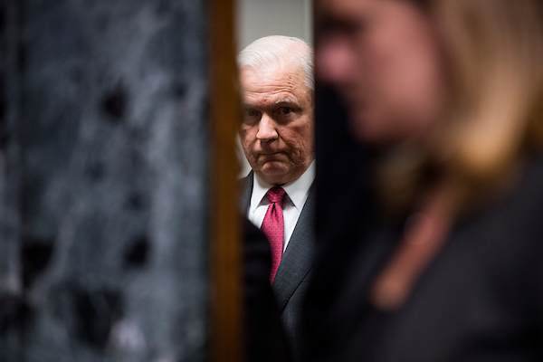 UNITED STATES - APRIL 25: Attorney General Jeff Sessions waits to enter the hearing room for the Senate Appropriations' Commerce, Justice, Science, and Related Agencies Subcommittee hearing on the FY2019 budget for the Justice Department on Wednesday, April 25, 2018. (Photo By Bill Clark/CQ Roll Call)