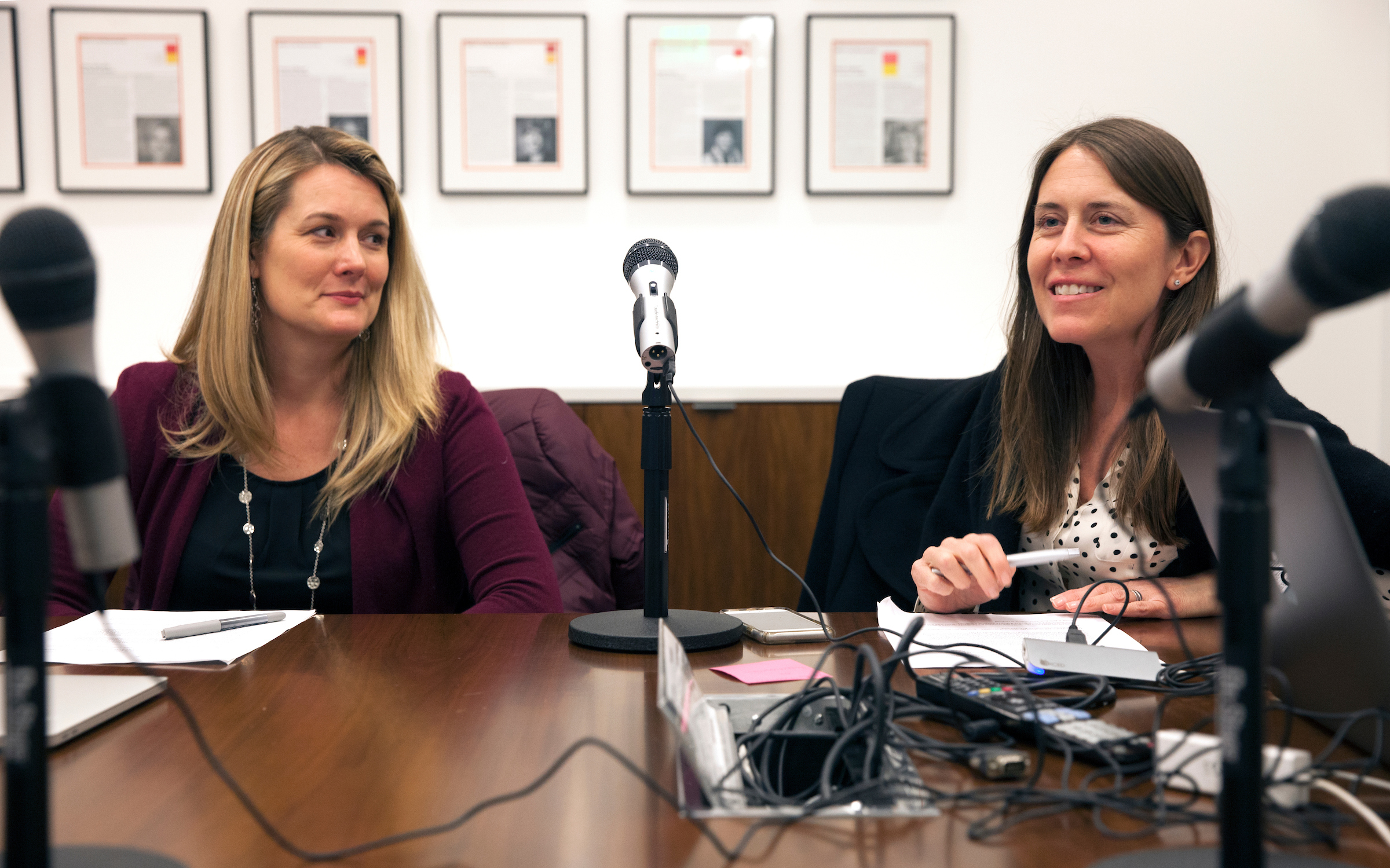 Democratic strategist Ali Lapp and and Republican strategist Liesl Hickey chat before recording an episode of their podcast “House Talk with Ali and Liesl” at the EMILY’s List office in Washington, D.C. (Thomas McKinless/CQ Roll Call file photo)