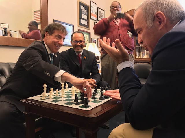 Rep. Jamie Raskin, D-Md., left, played chess with Garry Kasparov, right, in September. (Courtesy of Raskin)