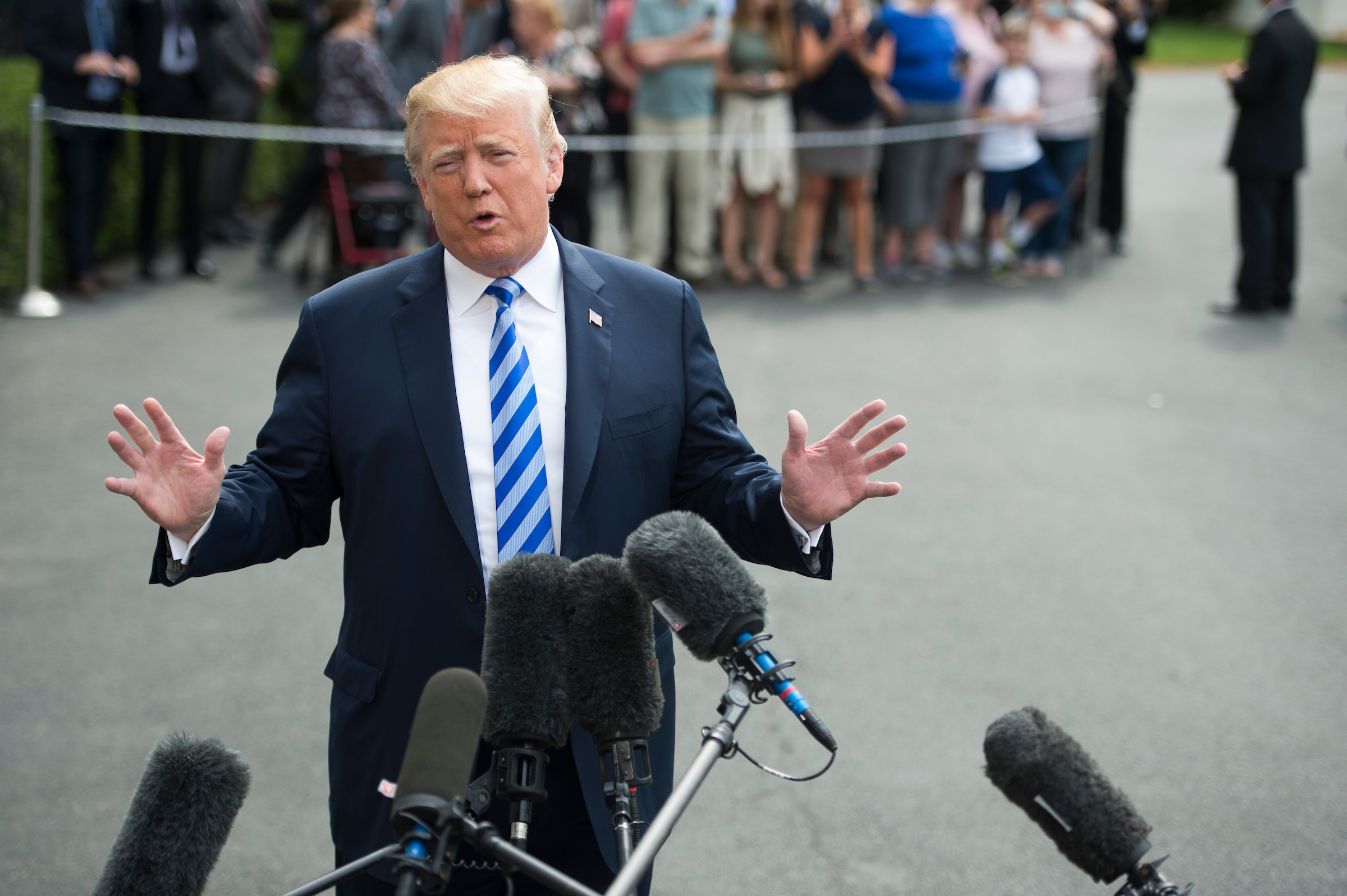 President Donald Trump addresses the press before departing for Dallas, Texas, on May 4. (Photo By Sarah Silbiger/CQ Roll Call)