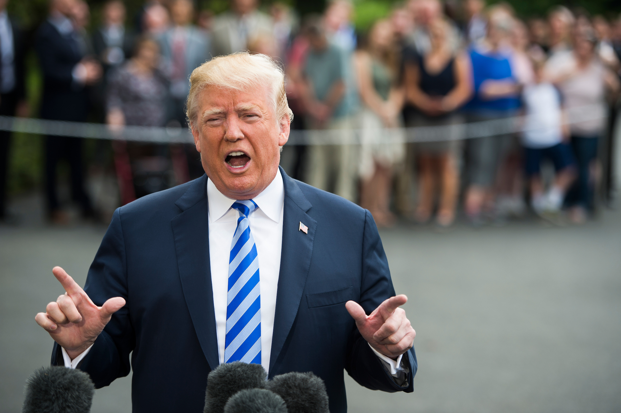 President Donald Trump addresses the press before departing for Dallas, Texas where he would make an appearance at the National Rifle Association convention on May 4, 2018. (Sarah Silbiger/CQ Roll Call)