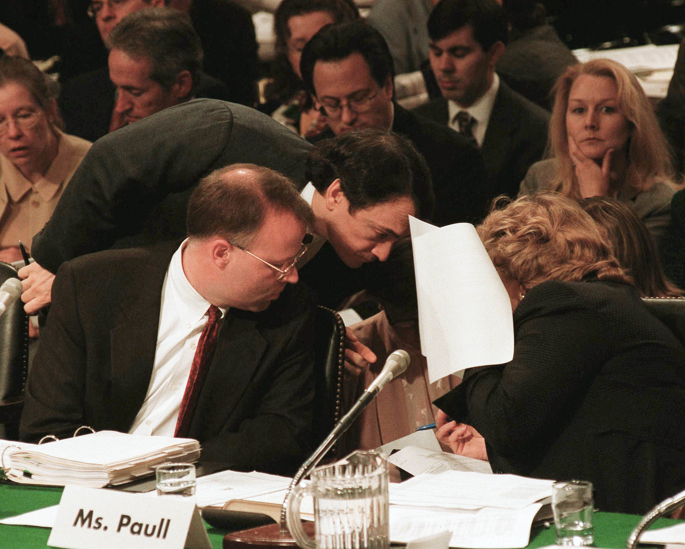 5/15/01.TAX CUT MARKUP--Russell W. Sullivan, minority tax counsel for Senate Finance, Mark Alan Prater, GOP chief tax counsel for Senate Finance, and Lindy Paull, chief of staff with the Joint Committee on Taxation, consult during the Senate Finance markup..CONGRESSIONAL QUARTERLY PHOTO BY SCOTT J. FERRELL