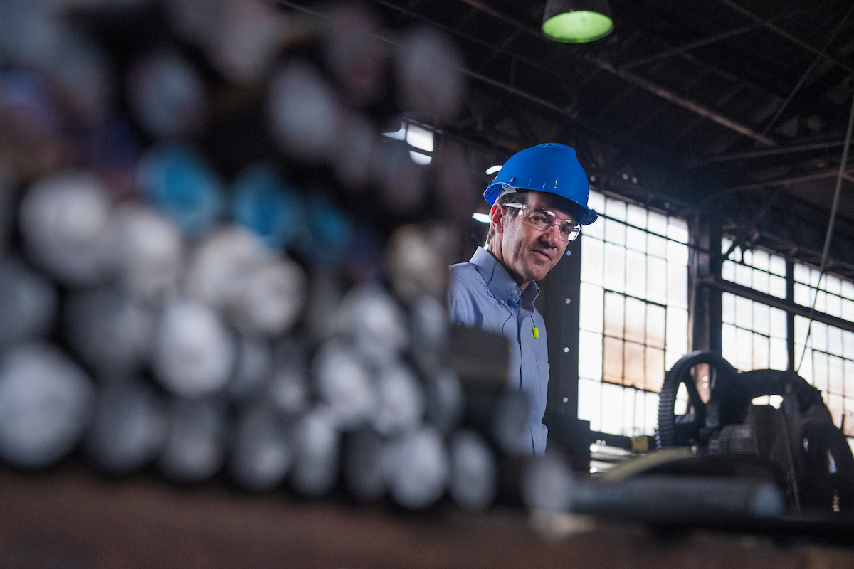 A Democratic super PAC is spending in the West Virginia Republican Senate primary against Attorney General Patrick Morrisey and Rep. Evan Jenkins, seen above touring Warwood Tools outside of Wheeling on Wednesday. But it’s Jenkins who’s been the target of the brunt of the last-minute spending. (Tom Williams/CQ Roll Call)