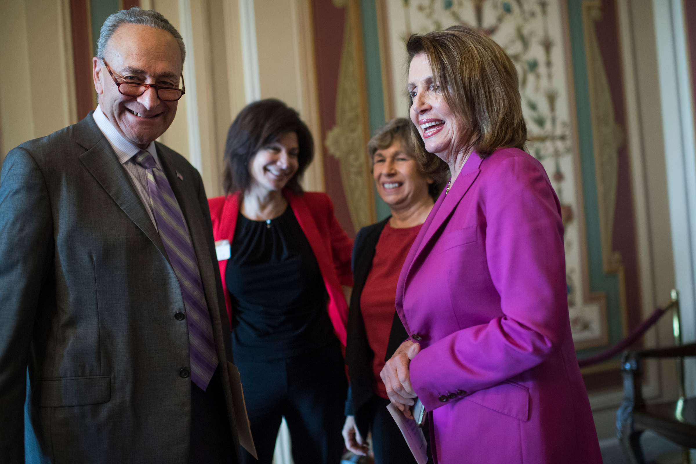 From left, Senate Minority Leader Charles E. Schumer, D-N.Y., NEA President Lily Eskelsen Garcia, American Federation of Teachers President Randi Weingarten and House Minority Leader Nancy Pelosi, D-Calif., prepare for a education-related news conference in the Capitol on May 22. (Tom Williams/CQ Roll Call)