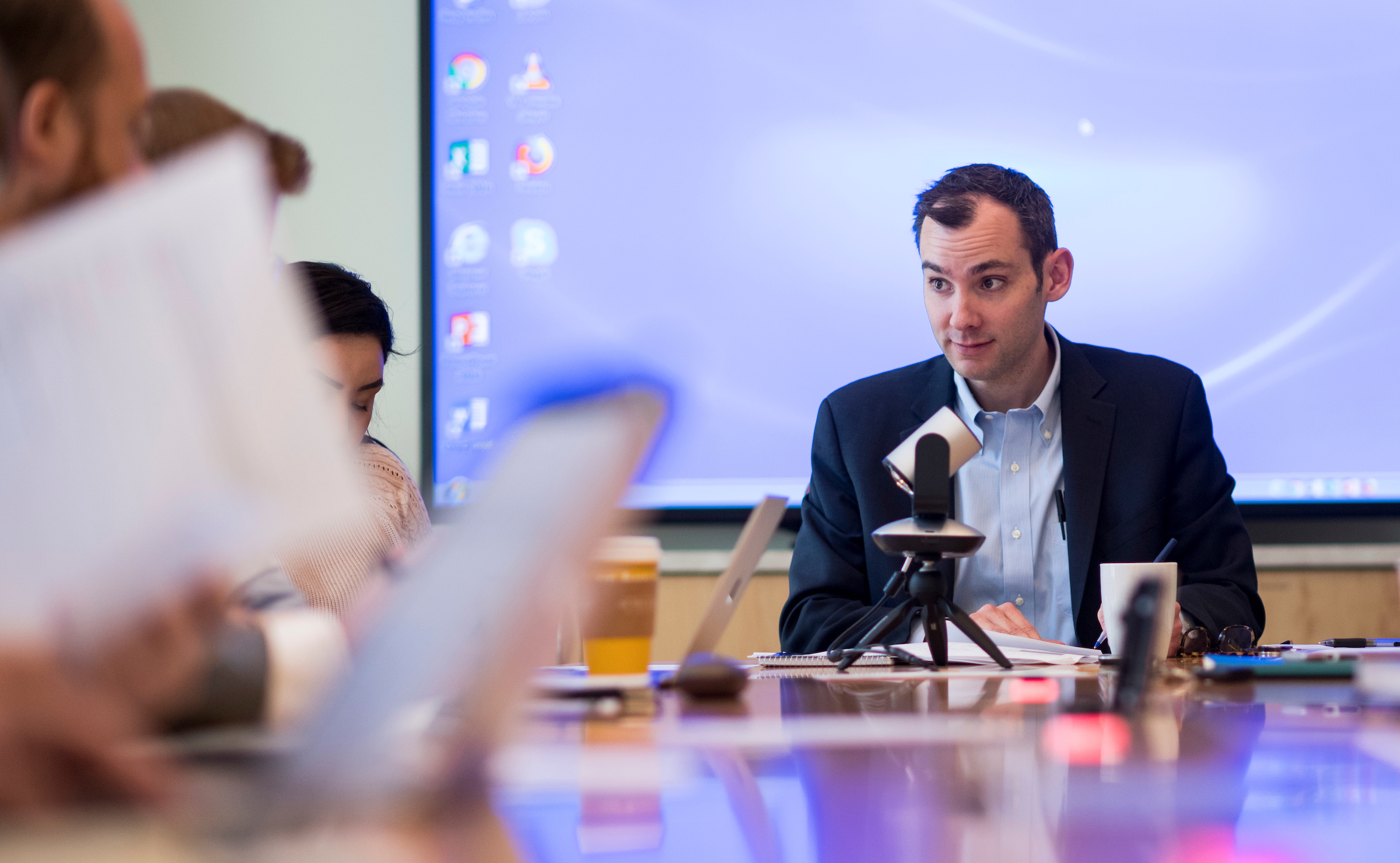 UNITED STATES - MARCH 26: Charlie Kelly, the executive director of House Majority PAC, conducts a staff meeting in Washington on Monday, March 26, 2018. (Photo By Bill Clark/CQ Roll Call)
