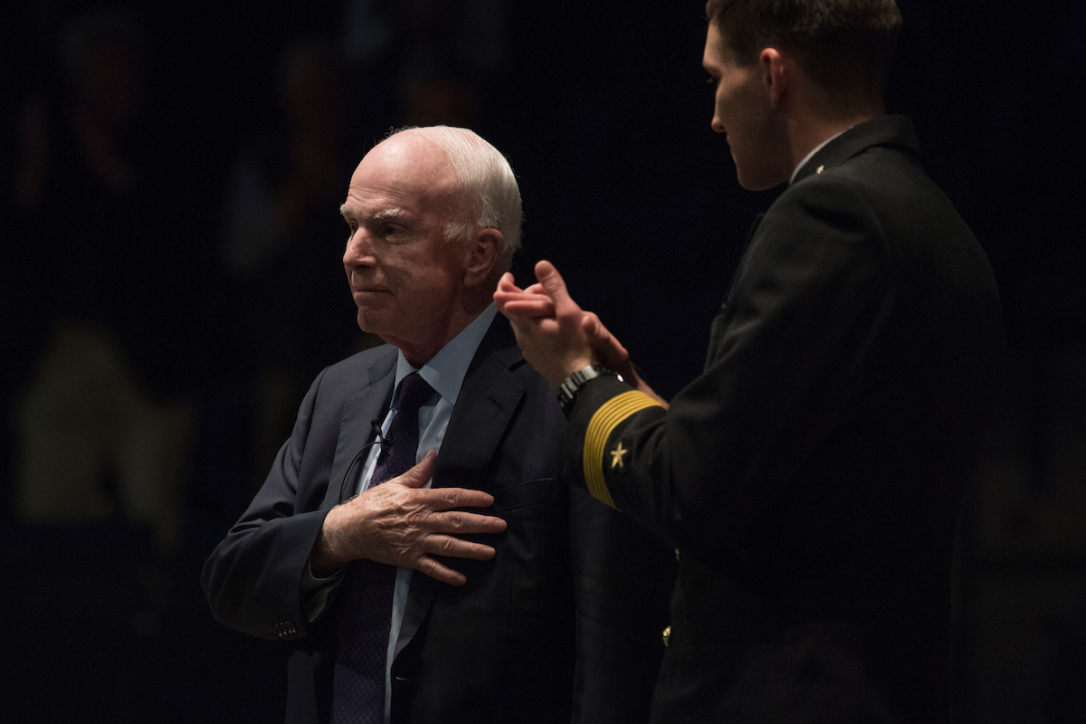 Sen. John McCain, R-Ariz., seen here at the United States Naval Academy in 2017, is making what may be his final argument about America’s role in the world. (Tom Williams/CQ Roll Call file photo)