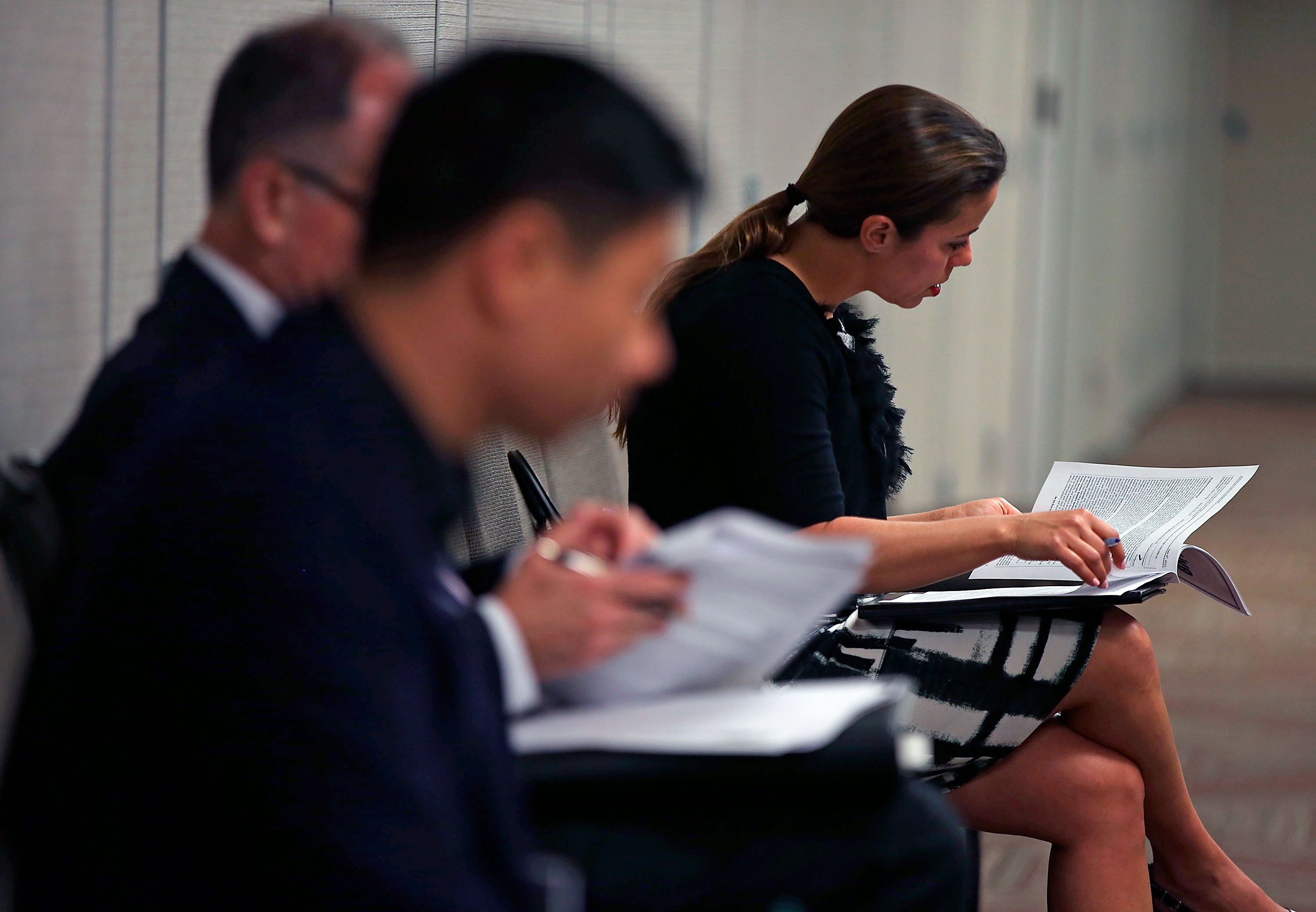 Job seekers fill out registration forms at a career fair in San Francisco in 2015. The House Republican farm bill directs a significant portion of existing SNAP funds into job training programs for eligible adults, Thompson writes. (Justin Sullivan/Getty Images file photo)