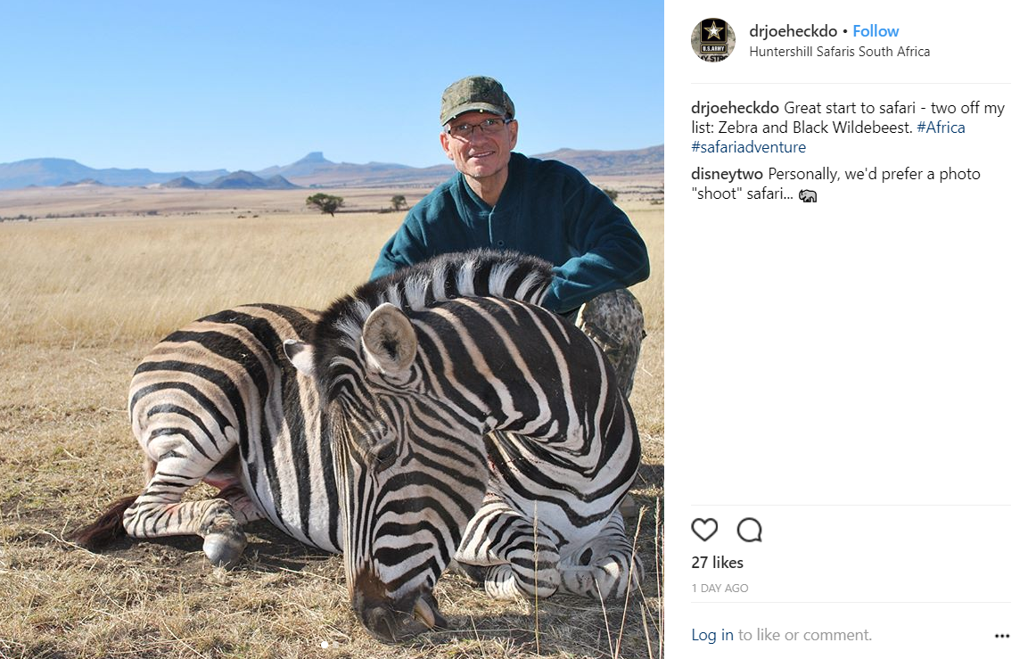 Former Rep. Joe Heck, R-Nev., posted a picture to Instagram of himself on safari in South Africa next to a dead zebra. (Photo from Instagram)