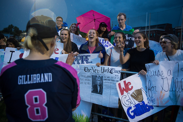 Sen. Kirsten Gillibrand, D-N.Y., greets her interns after the Congressional Women’s Softball Game where members of the press take on members of Congress to raise money for breast cancer. This year's game as played at the Watkins Recreation Center in Capitol Hill Wednesday June 20, 2018. (Sarah Silbiger/CQ Roll Call)