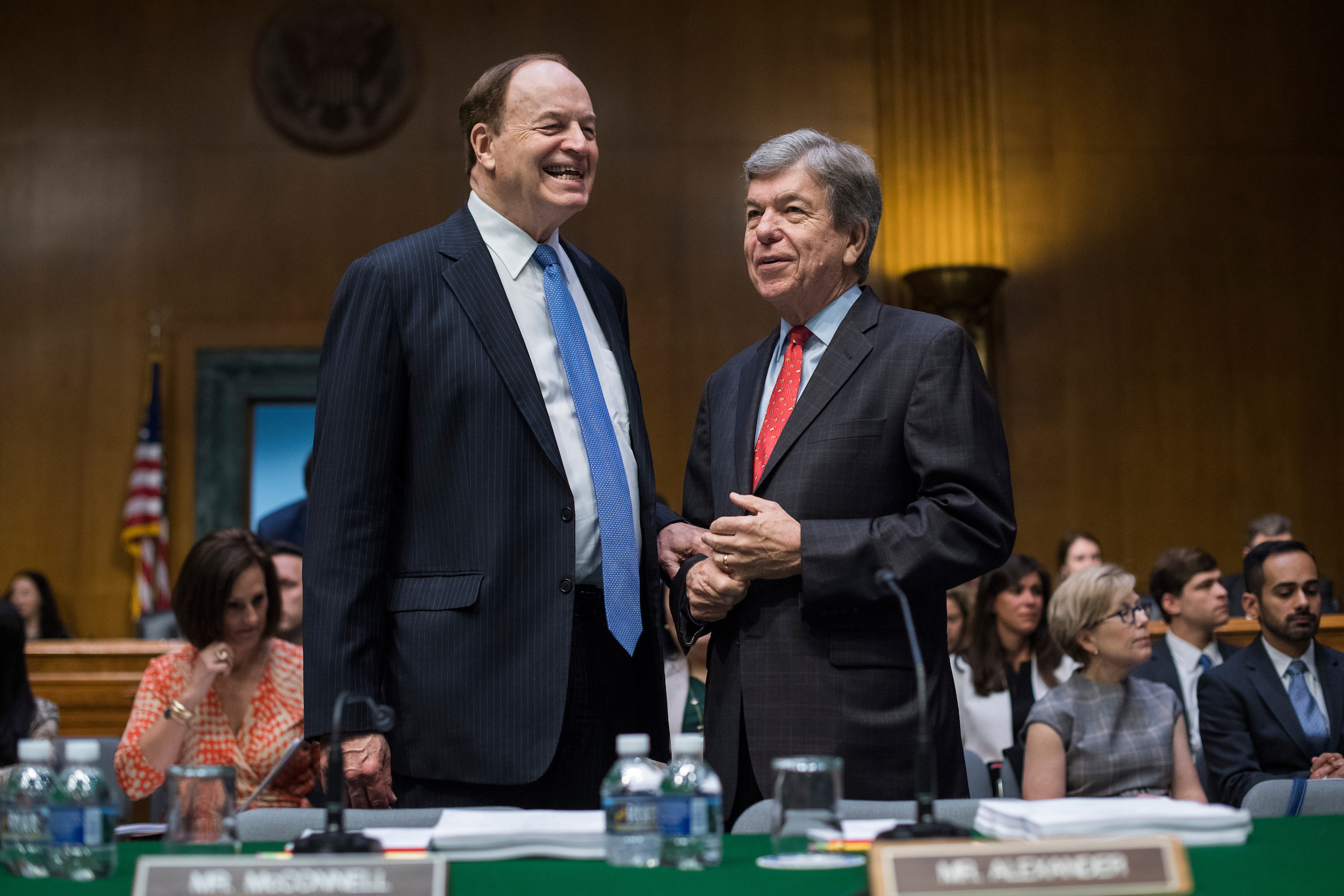 Chairman Richard Shelby, R-Ala., left, and Sen. Roy Blunt, R-Mo., talk before a Senate Appropriations Committee markup June 7, 2018. (Photo By Tom Williams/CQ Roll Call)