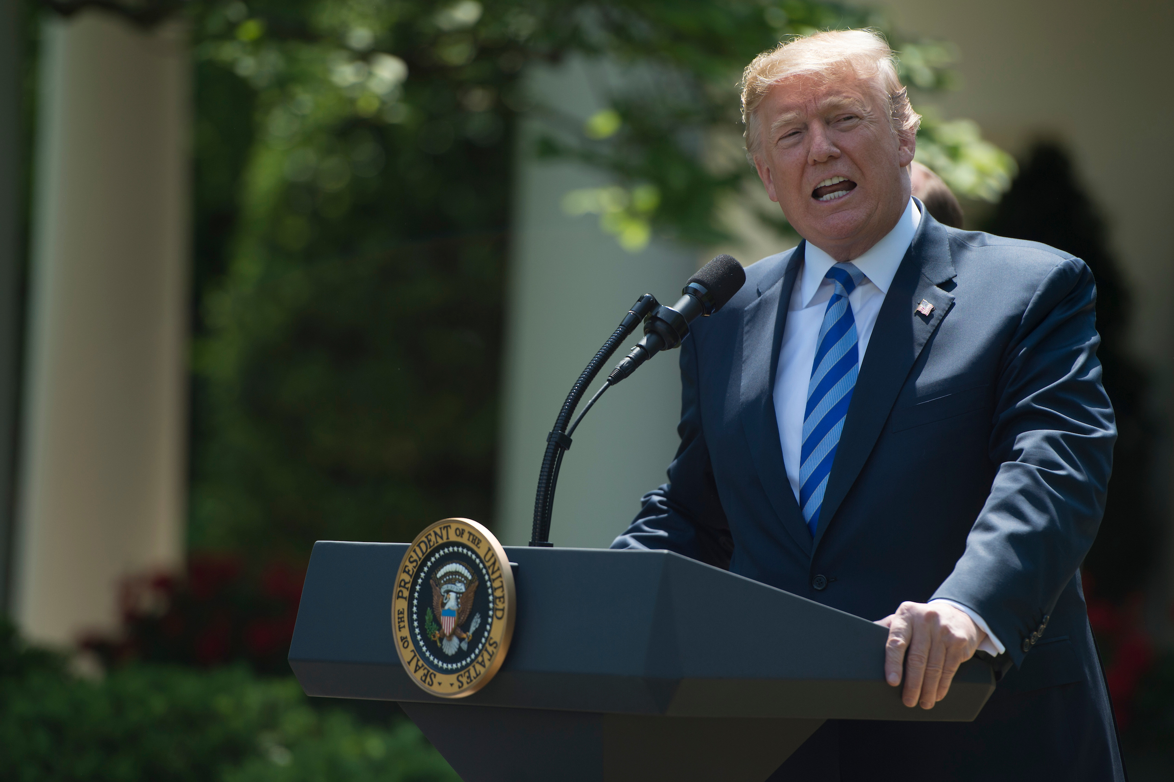 President Donald Trump outlines his plan to lower the price of prescription drugs during a speech in the White House Rose Garden in May 2018. (Sarah Silbiger/CQ Roll Call file photo)