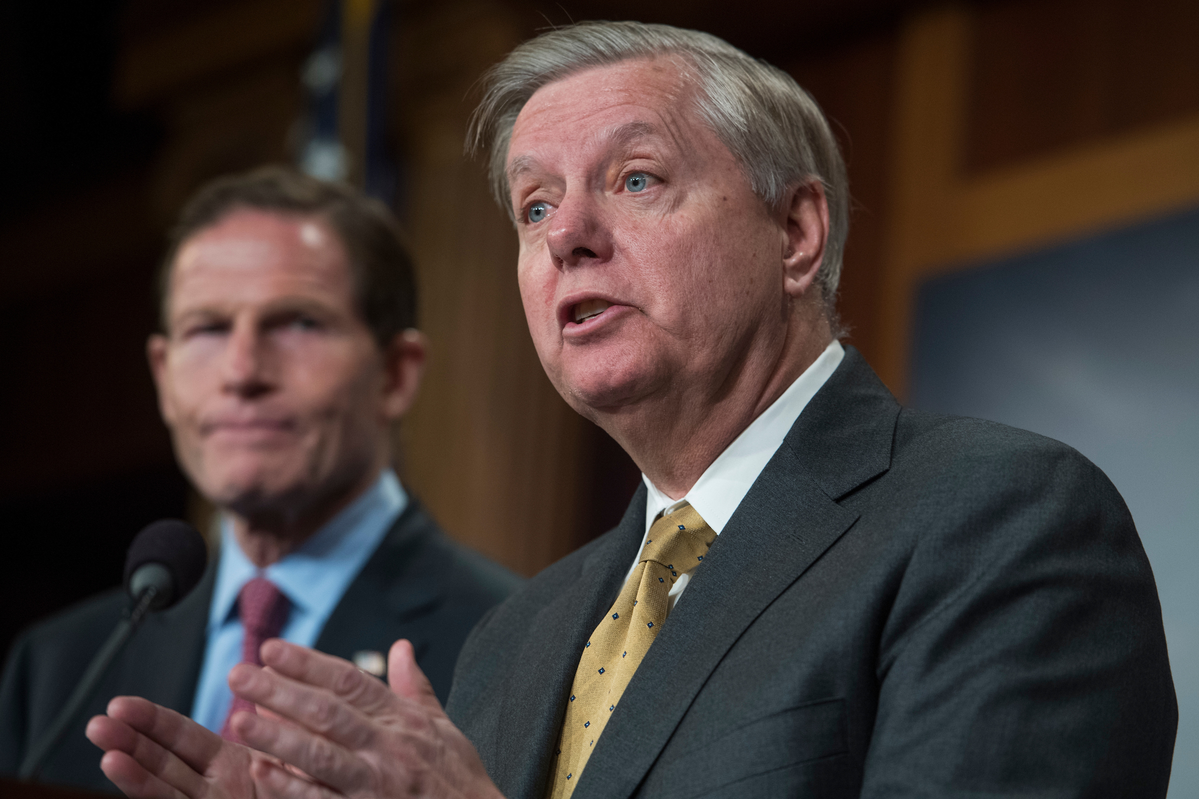 Sens. Lindsey Graham, R-S.C., right, and Richard Blumenthal, D-Conn., conduct a news conference in the Capitol. (Tom Williams/CQ Roll Call file photo)