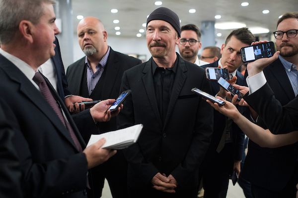 UNITED STATES - JUNE 19: The Edge of U2 is interviewed the Capitol's Senate subway on June 19, 2018. (Photo By Tom Williams/CQ Roll Call)