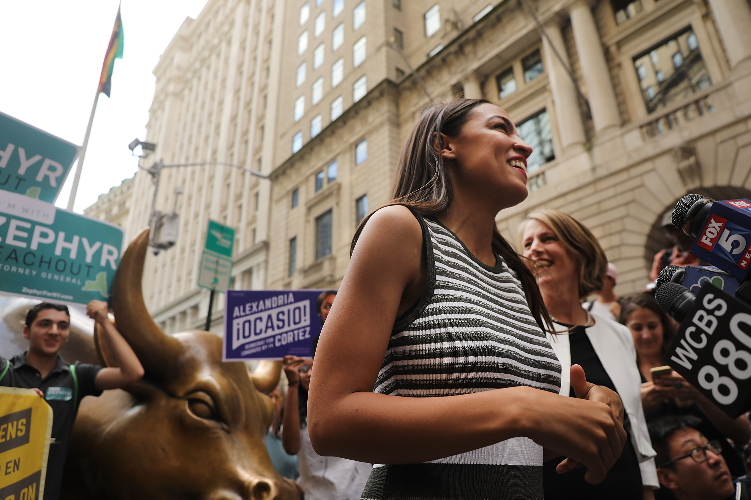 New York Democrat Alexandria Ocasio-Cortez, center, upset House Democratic Caucus Chairman Joseph Crowley in a June primary. (Spencer Platt/Getty Images)