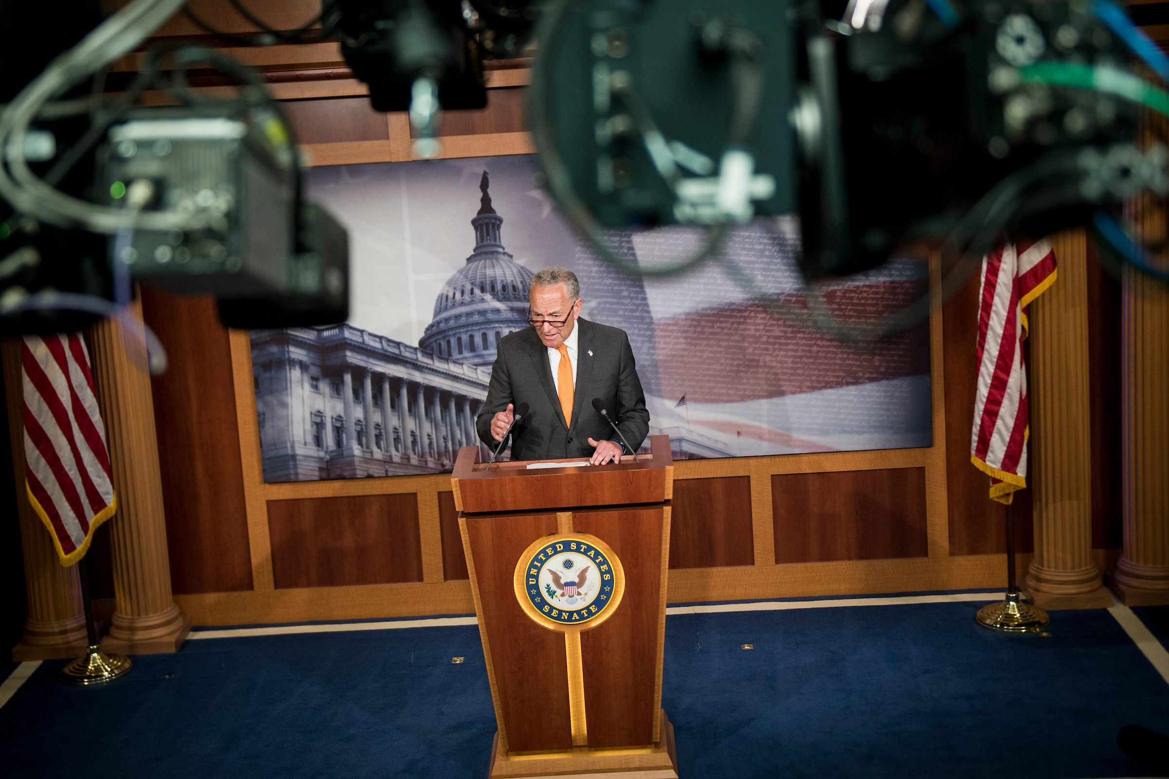 Senate Minority Leader Charles Schumer, D-N.Y., responds to President Donald Trump's meeting with Russian President Vladimir Putin on Monday. (Sarah Silbiger/CQ Roll Call)