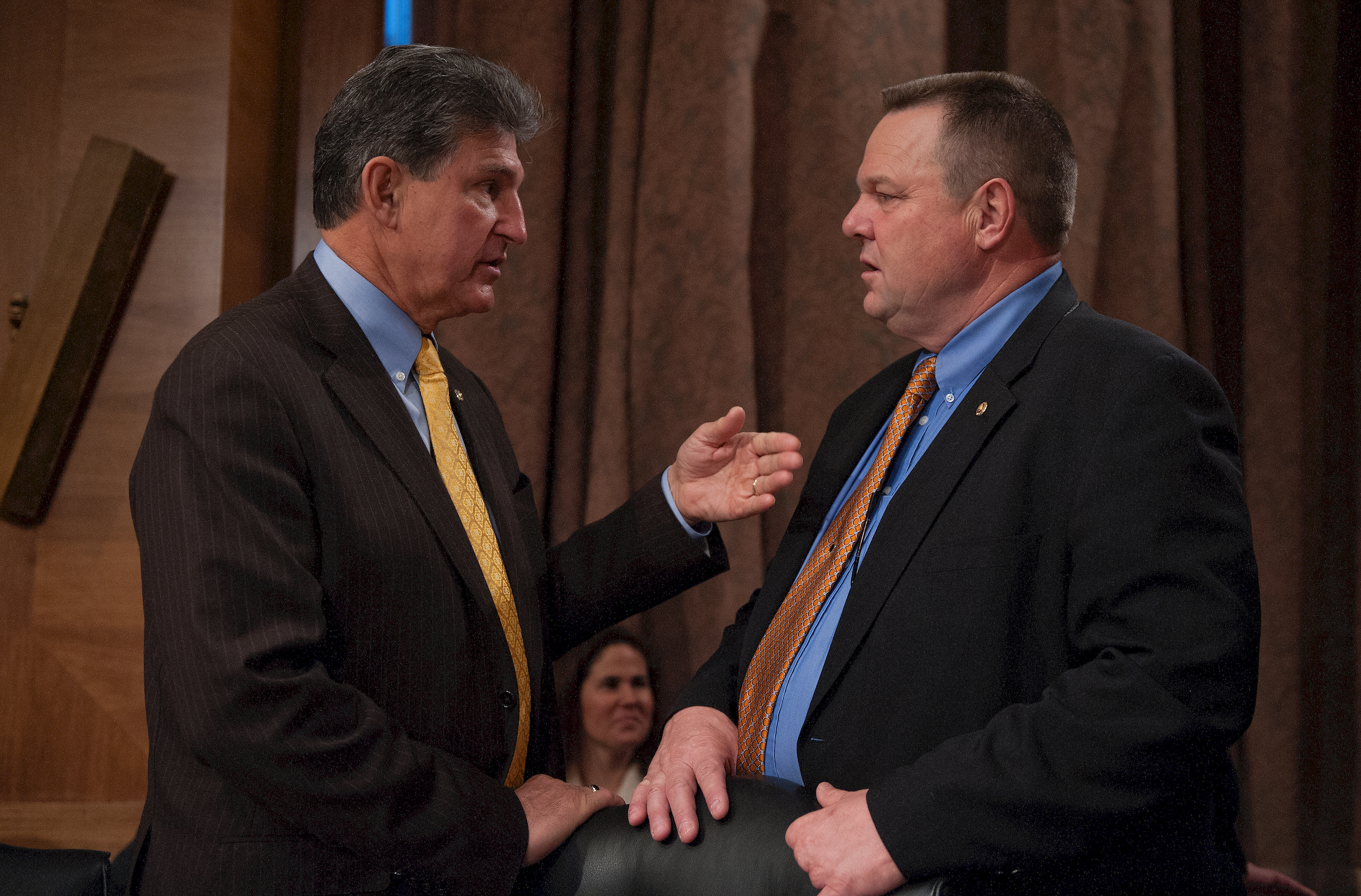 Vulnerable Democratic Sens. Joe Manchin III, left, and Jon Tester have offices that are 93 percent and 92 percent white, an analysis of data released by Senate Democrats found. (Douglas Graham/CQ Roll Call file photo)