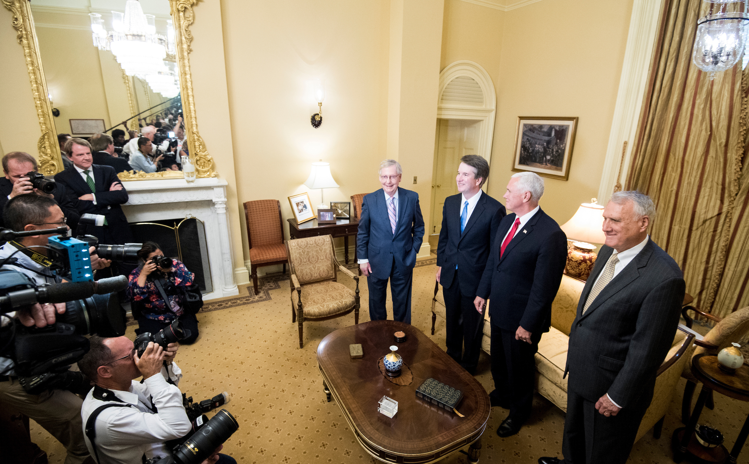 UNITED STATES - JULY 10: From left, Senate Majority Leader Mitch McConnell, R-Ky., Supreme Court nominee Brett Kavanaugh, Vice President Mike Pence, and former Sen. Jon Kyl, R-Ariz., meet in McConnell's office in the Capitol on Tuesday, July 10, 2018, the day after President Donald Trump nominated Kavanaugh to the Supreme Court. (Photo By Bill Clark/CQ Roll Call/POOL)