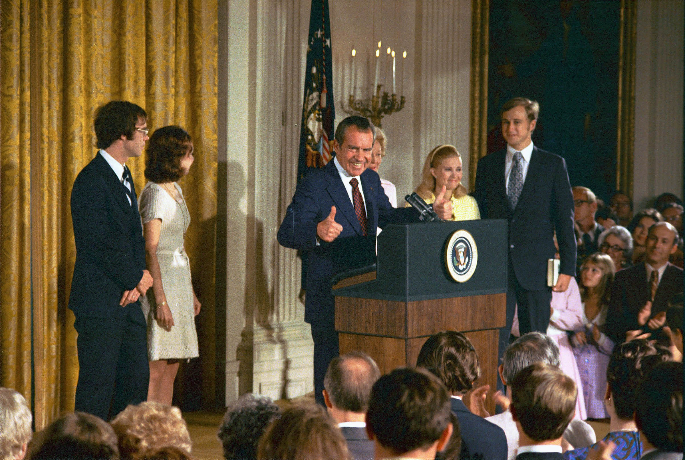 President Richard Nixon says farewell to White House staff gathered in the East Room in 1974. Comparisons between Nixon and President Donald Trump may be premature, but Trump has good reason to be insecure, Shapiro writes. (Courtesy the Richard M. Nixon Presidential Library and Museum)