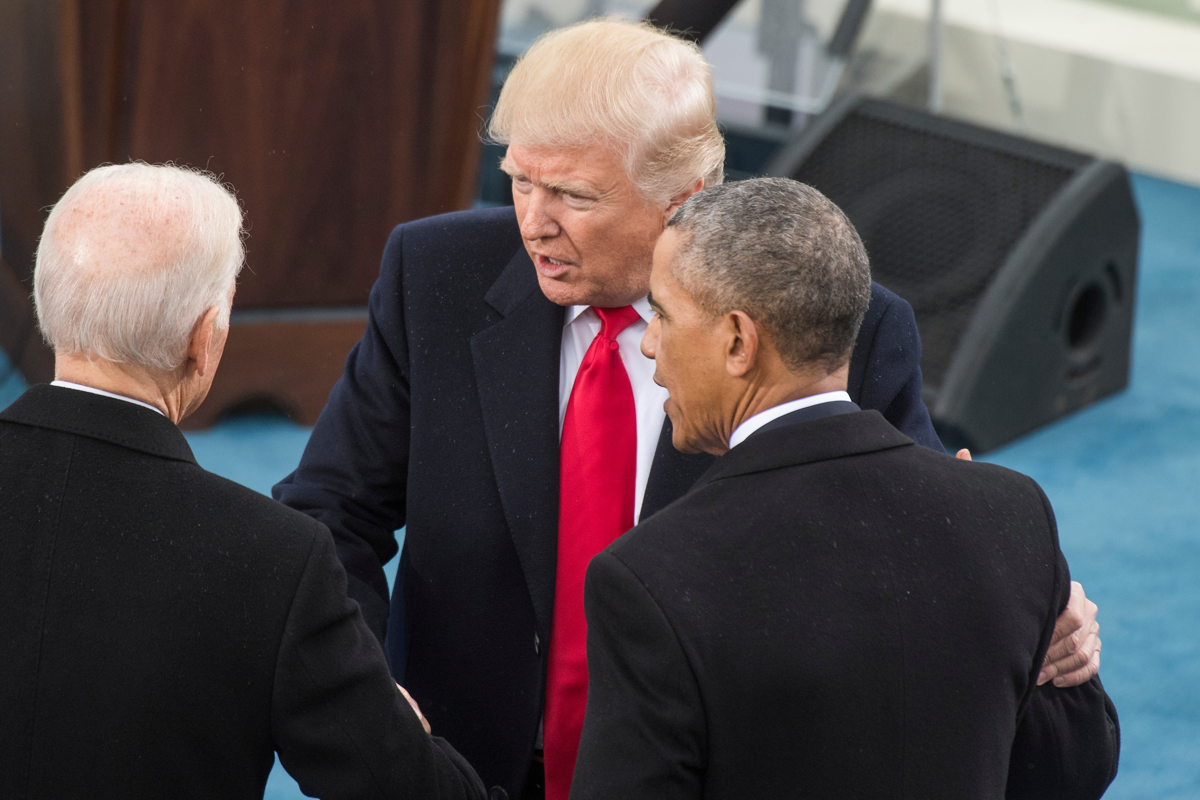 President Donald Trump greets former President Barack Obama and former Vice President Joe Biden after he was sworn in on in January 2017. They both spoke Thursday and offered a potential 2020 preview. (Photo By Tom Williams/CQ Roll Call)