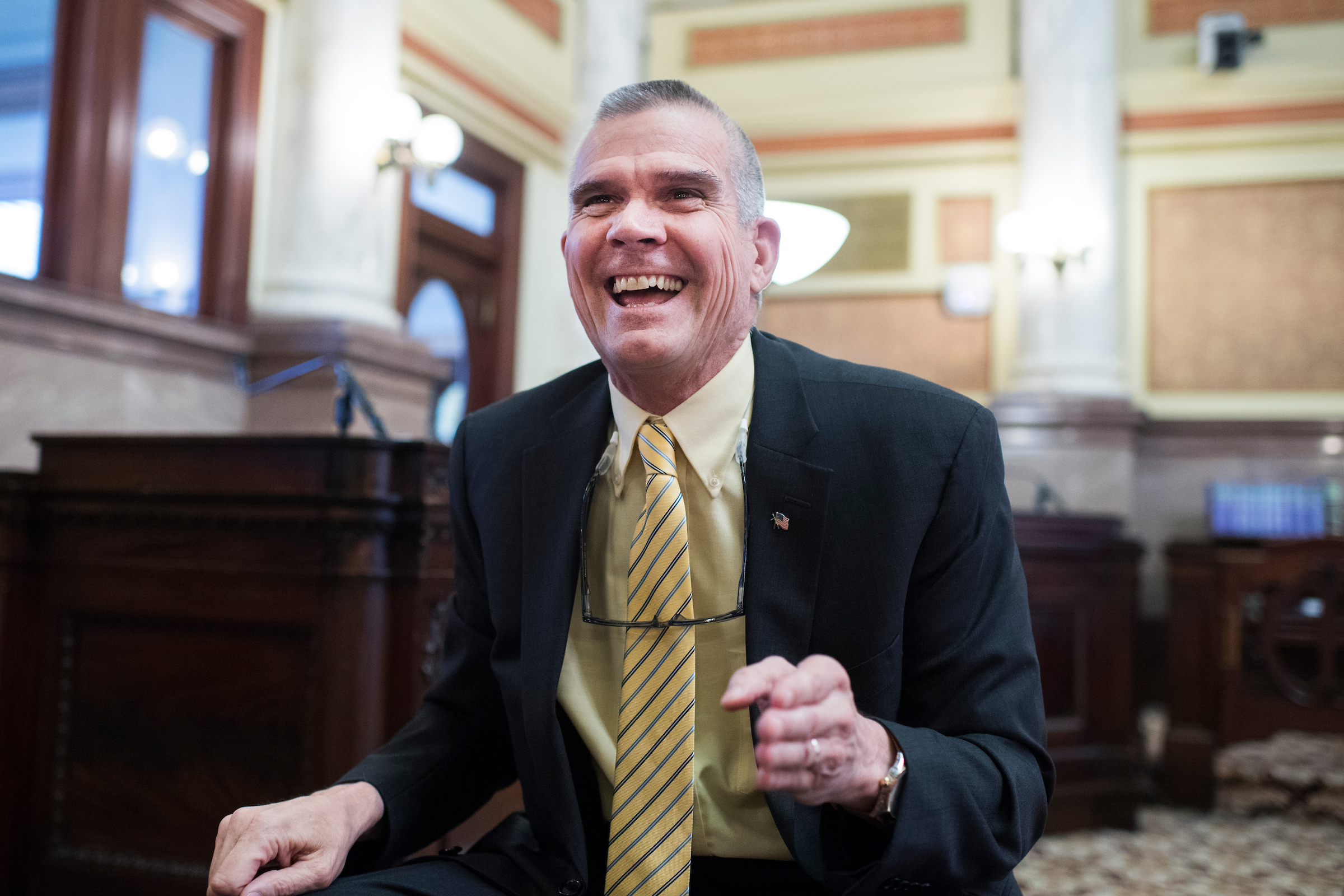 UNITED STATES - AUGUST 20: Matt Rosendale, Montana state auditor, is interviewed after a meeting of the Montana Board of Land Commissioners in the State Capitol building in Helena, on August 20, 2018. Rosendale, a Republican, is challenging Sen. Jon Tester, D-Mont., for the Senate seat. (Photo By Tom Williams/CQ Roll Call)